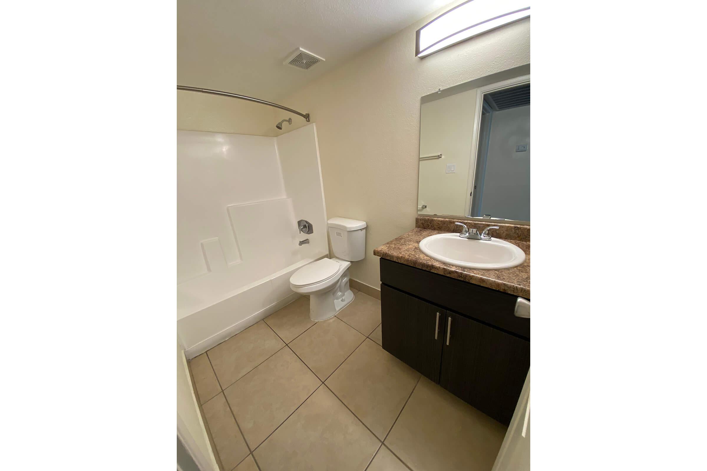 A clean, modern bathroom featuring a bathtub with a shower, a white toilet, and a sink with a granite countertop. The walls are painted light colors, and there is a large mirror above the sink. The floor is tiled with neutral-colored tiles.