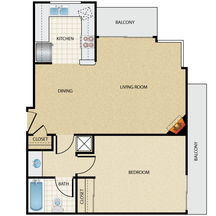 Floor plan image of Plan E 1 Bed 1 Bath