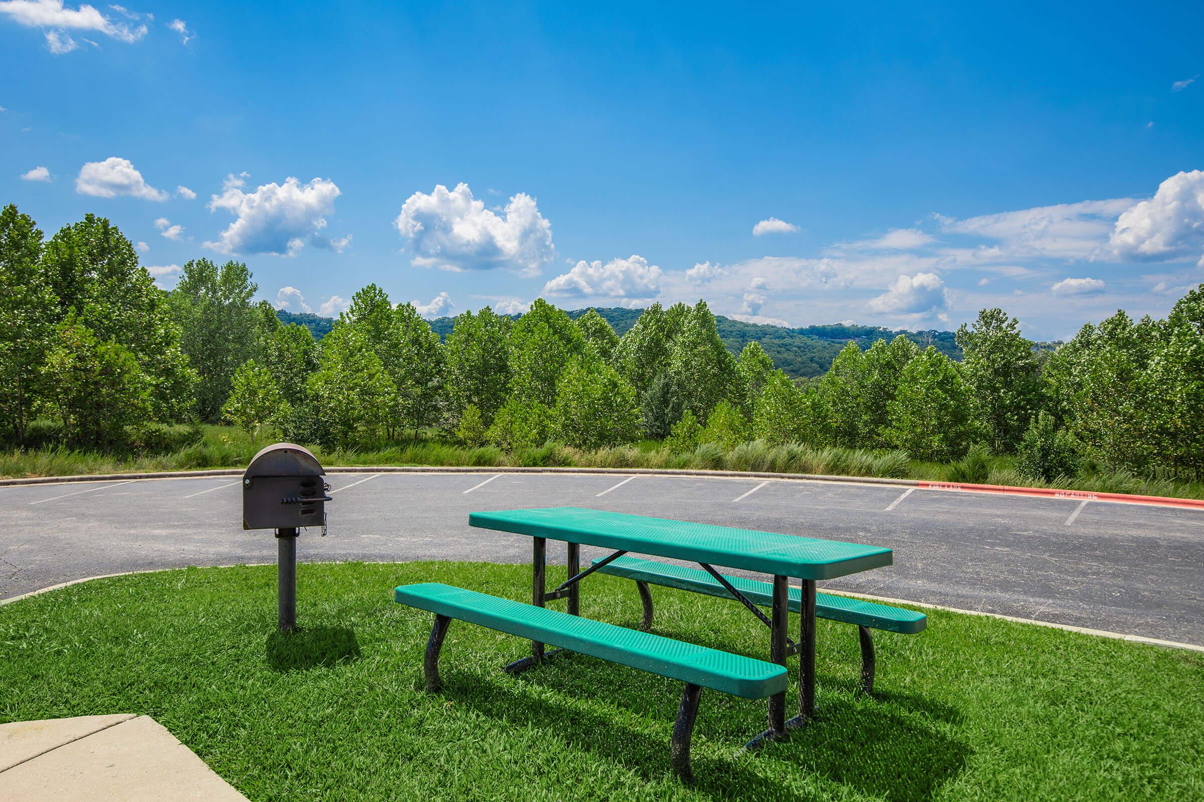 A green picnic table sits on a grassy area, with a charcoal grill nearby. In the background, there are lush trees and rolling hills under a bright blue sky with fluffy white clouds. The scene suggests a peaceful outdoor space, ideal for gatherings or relaxing.