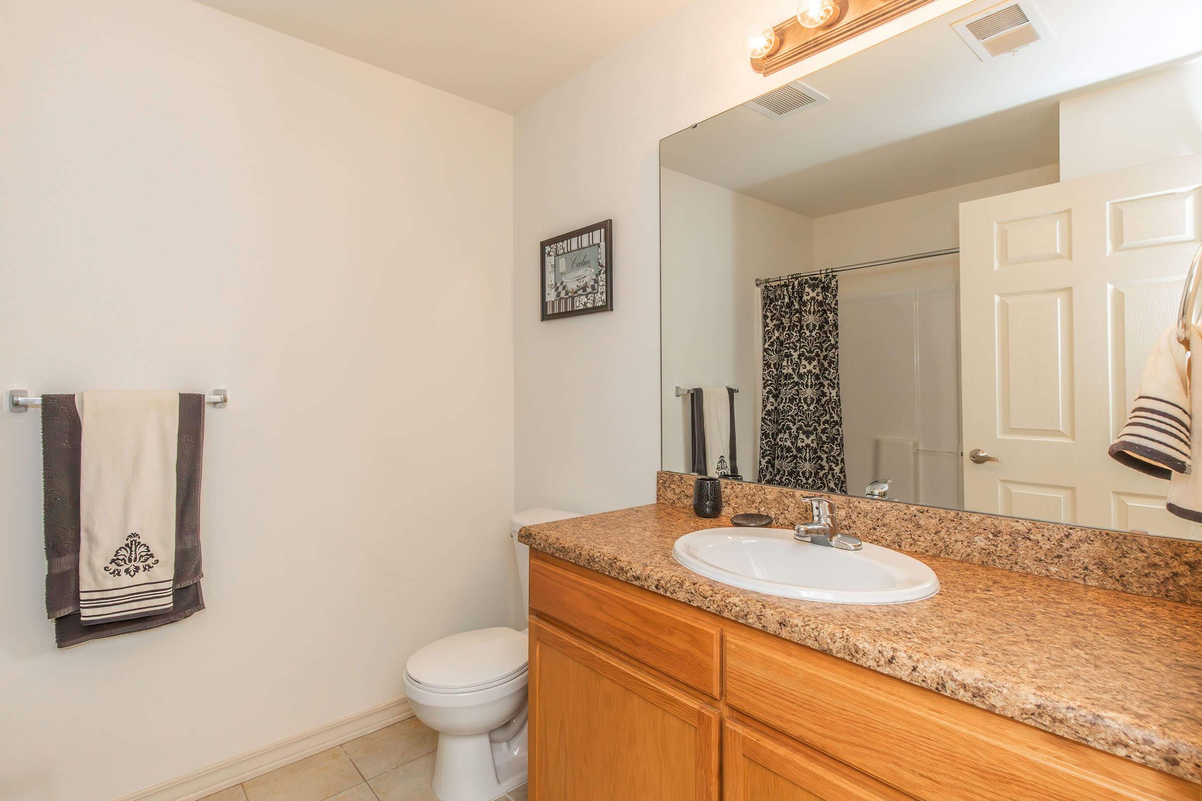 A clean, modern bathroom featuring a wooden vanity with a granite countertop, a sink, and a large mirror above it. To the left, there's a toilet, and a towel on a rack. A shower area with a patterned curtain is visible in the background, creating a bright and inviting space.