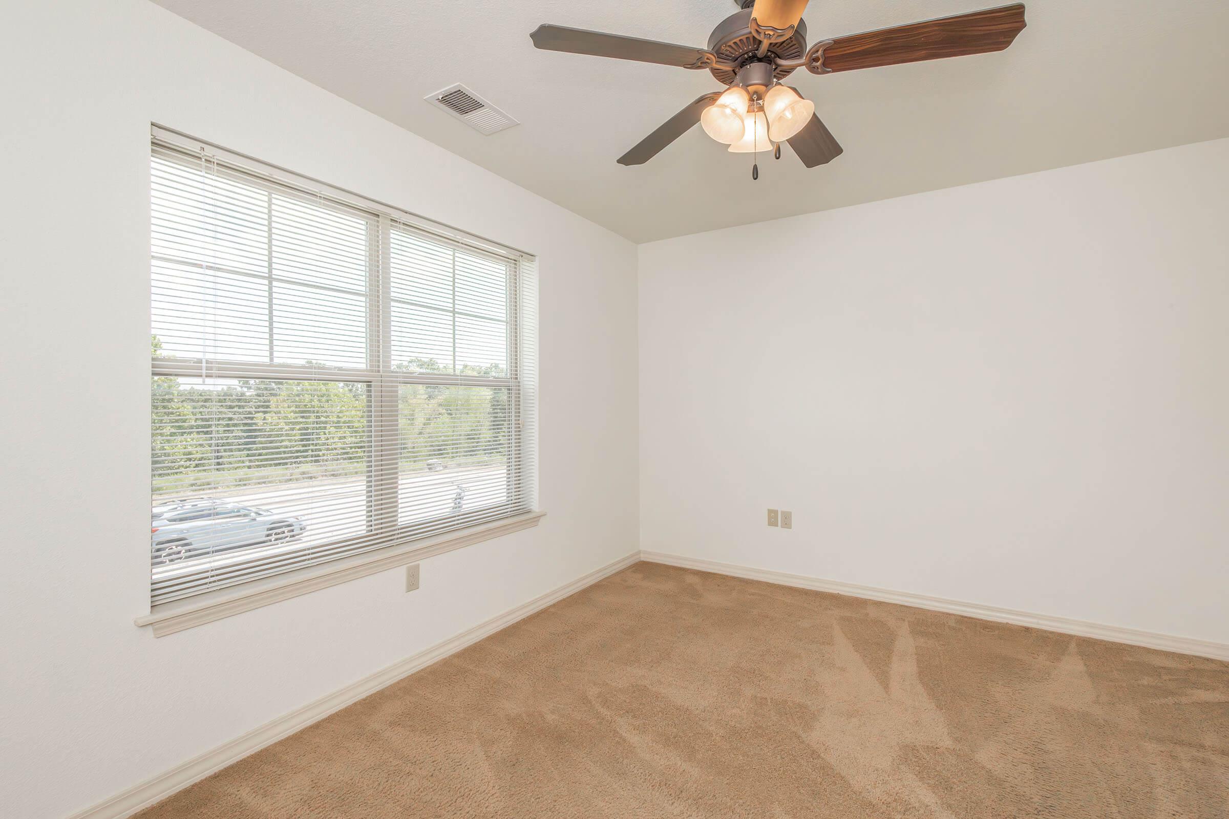 Empty room featuring beige carpet and white walls. A ceiling fan with light fixtures is visible. The large window allows natural light to enter, with blinds partially closed, revealing a view of greenery outside.