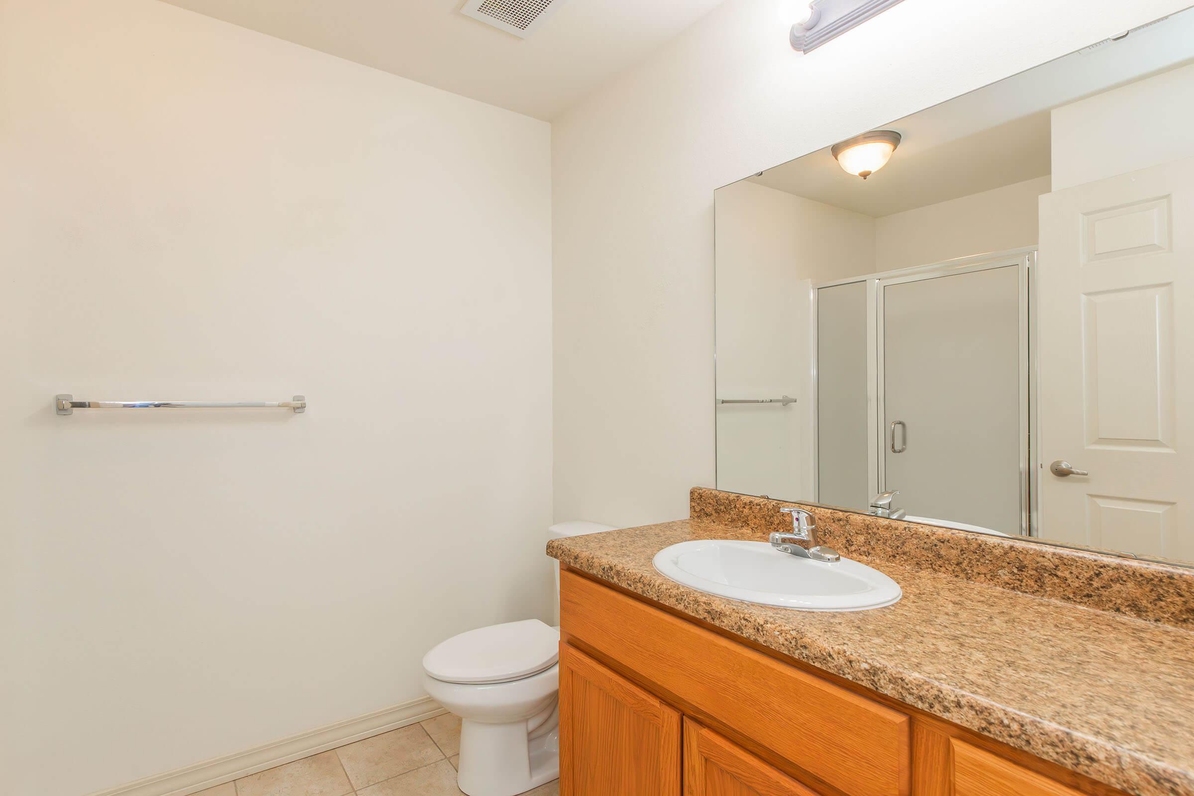Bright, modern bathroom featuring a granite countertop with a sink, a mirror above the sink, a toilet, and a shower area with glass doors. The walls are painted a light color, and there is a towel bar installed next to the sink. Natural light illuminates the space.