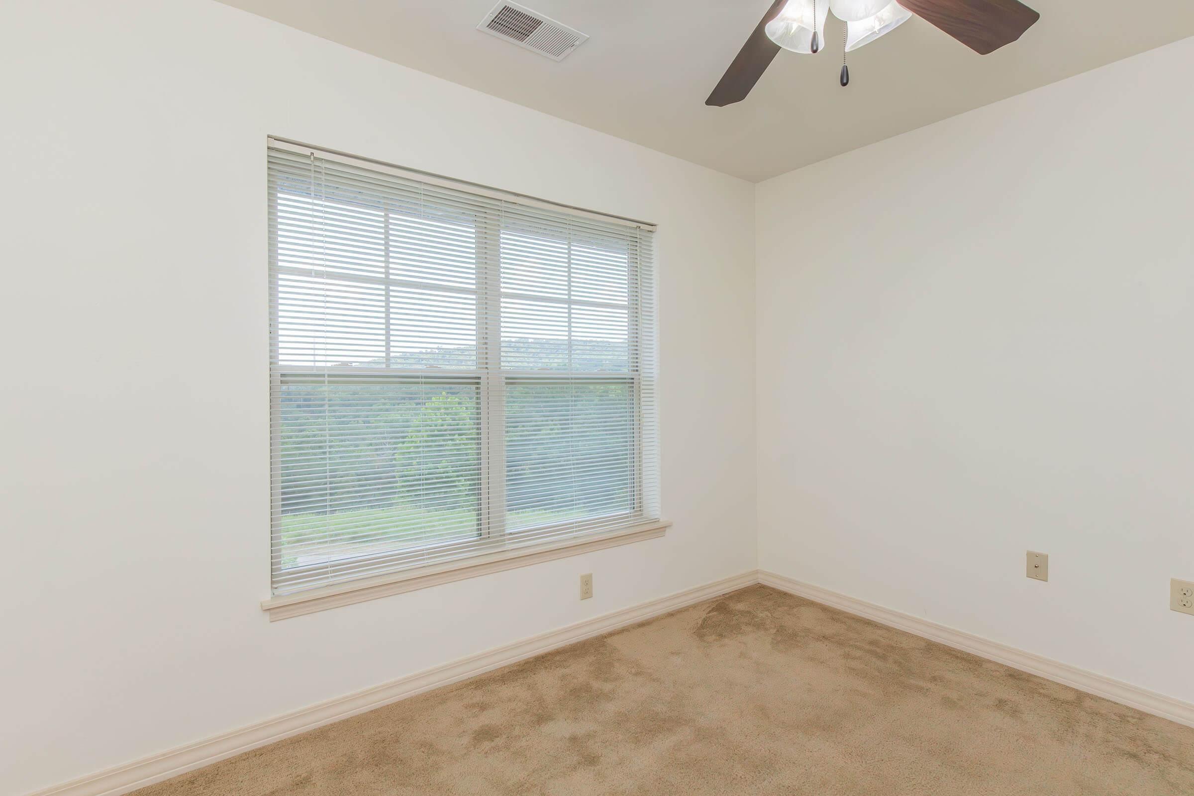 A empty room with beige carpet and white walls. It has a ceiling fan with light fixture and a large window with blinds, showing greenery outside. The room appears bright and spacious, ideal for future furnishing.
