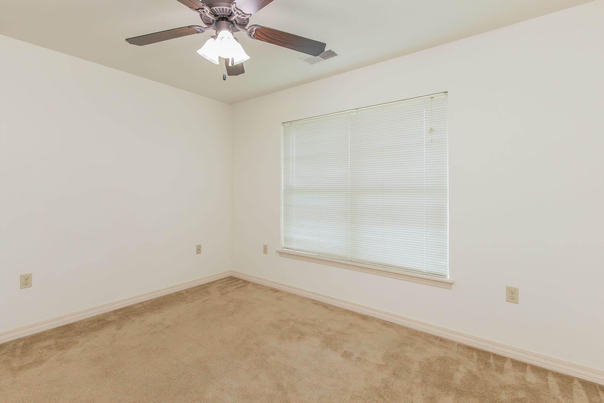 Empty room with beige carpet, a ceiling fan with light fixture, and a window with blinds. The walls are painted white, providing a simple and clean aesthetic.