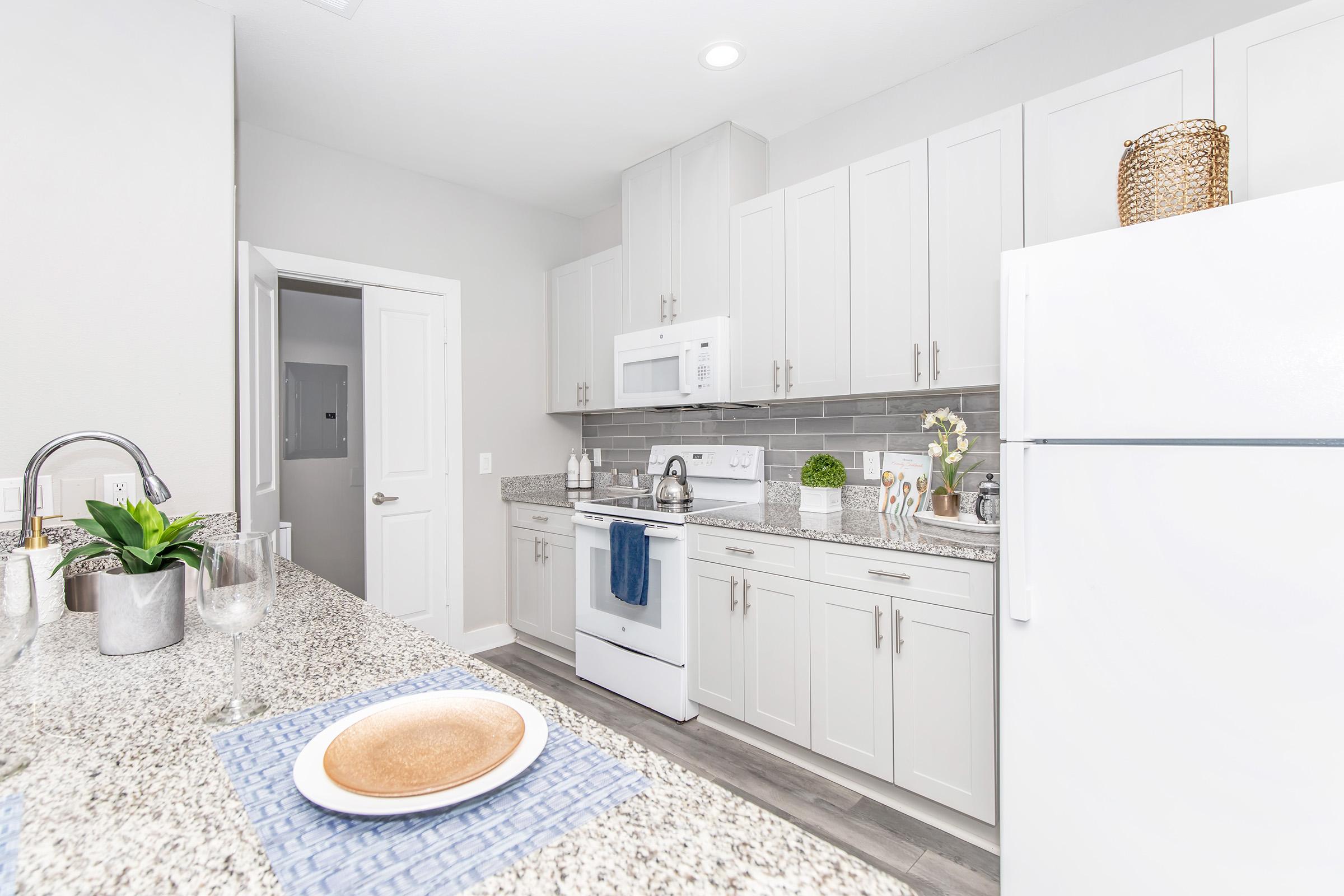Modern kitchen featuring white cabinets, a stainless steel microwave, and a refrigerator. The countertop is speckled granite with a decorative plate and glassware. A plant sits in a pot on the counter, and there are soft gray walls with ample lighting, creating a bright and inviting atmosphere.