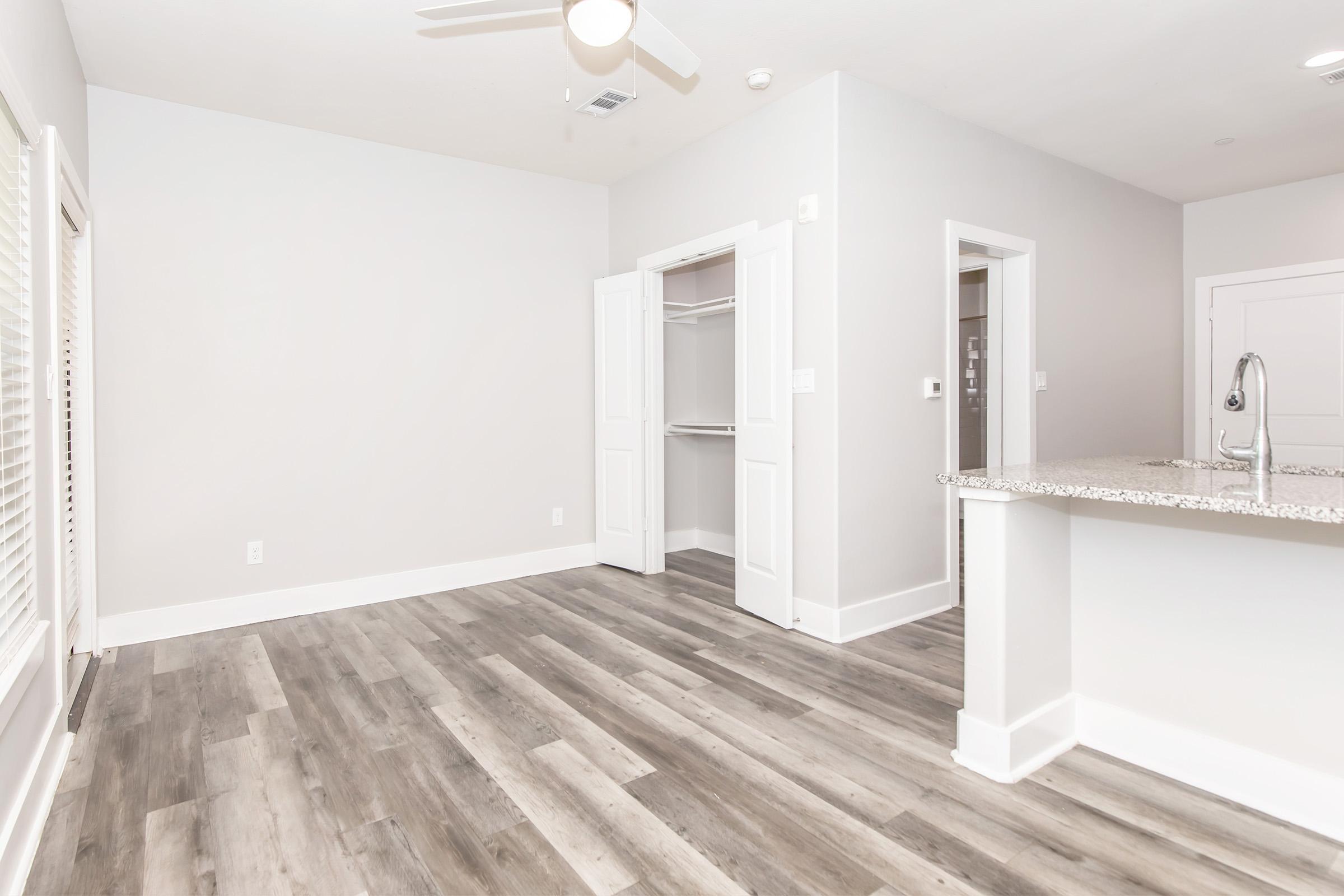 A bright, unfurnished room with gray walls and light wood-like flooring. There's a large window with blinds, a ceiling fan, and an open closet. A kitchen area with a bar and a granite countertop is visible on the right side. Overall, the space has a modern and airy feel.