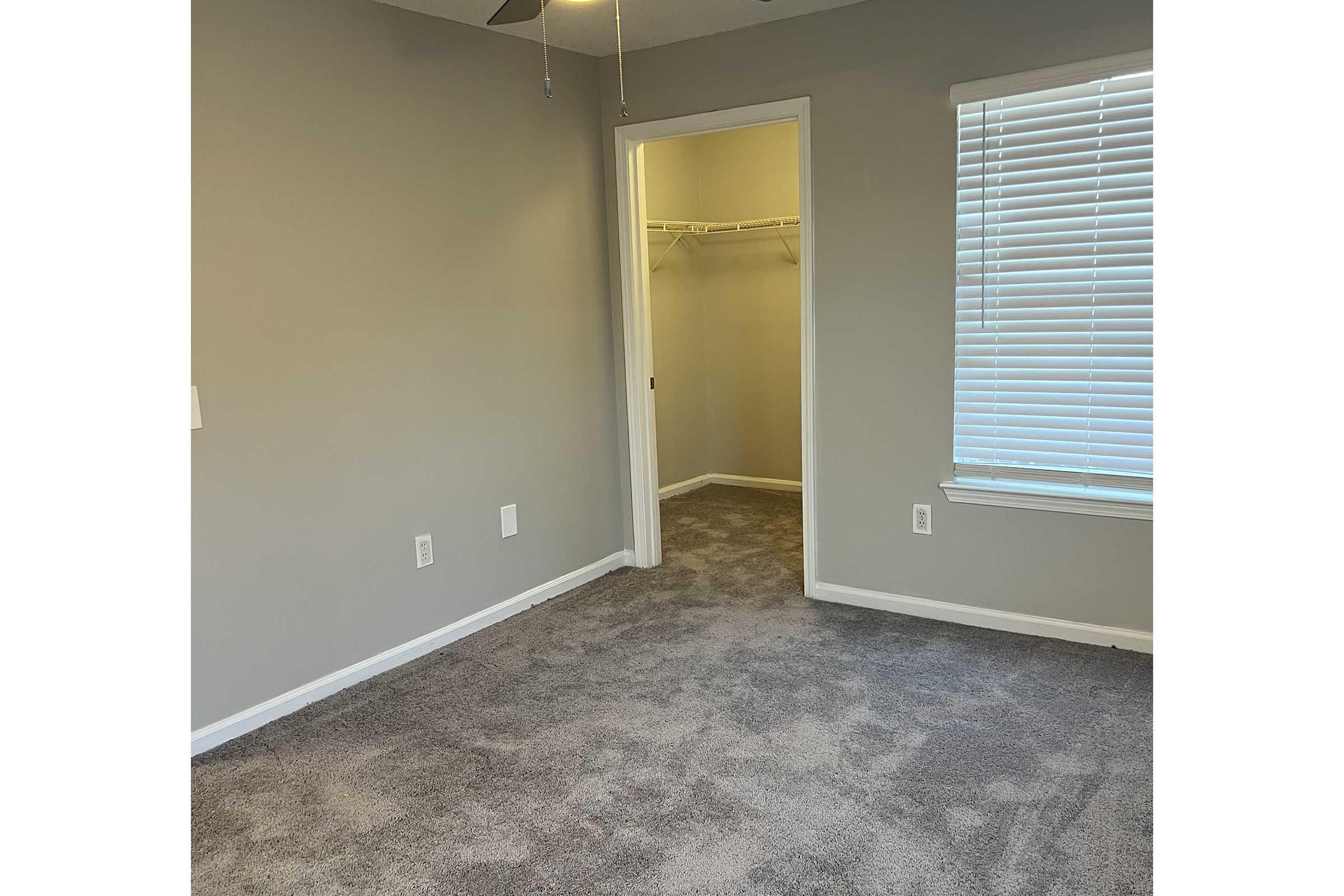 A vacant room with light gray walls, a ceiling fan, and carpeted flooring. There is a closed door leading to a closet with shelving, and a window with white blinds allowing natural light to enter. The room appears clean and ready for furniture.