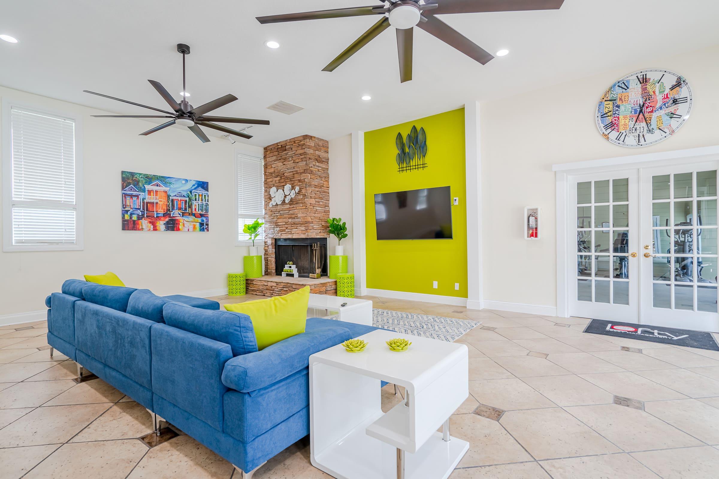 a living room with blue walls