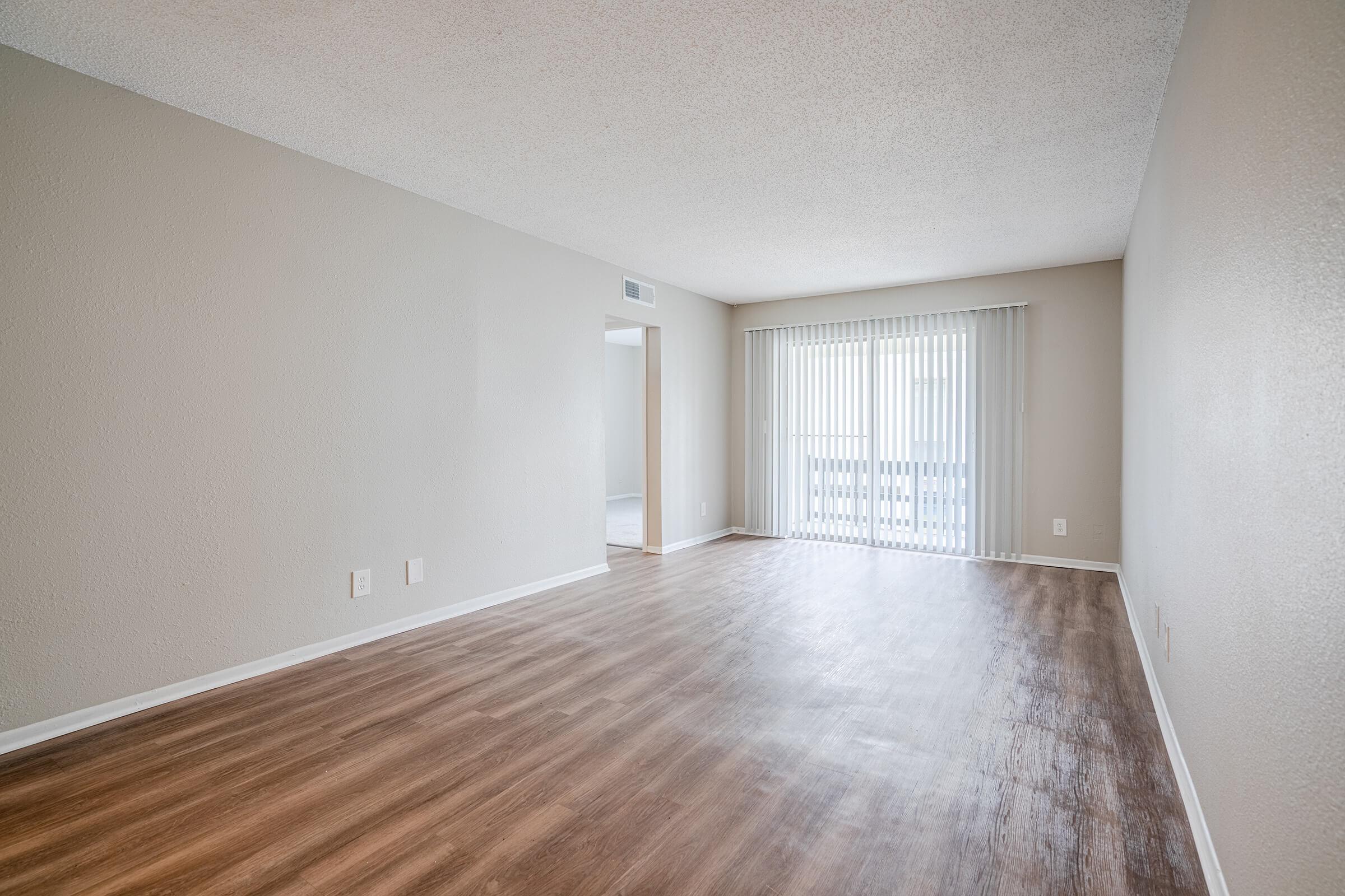 A spacious, empty living room featuring light-colored walls, a large window with vertical blinds allowing natural light, and a wood-look floor. There is an open doorway leading to another room, creating an inviting and airy atmosphere.