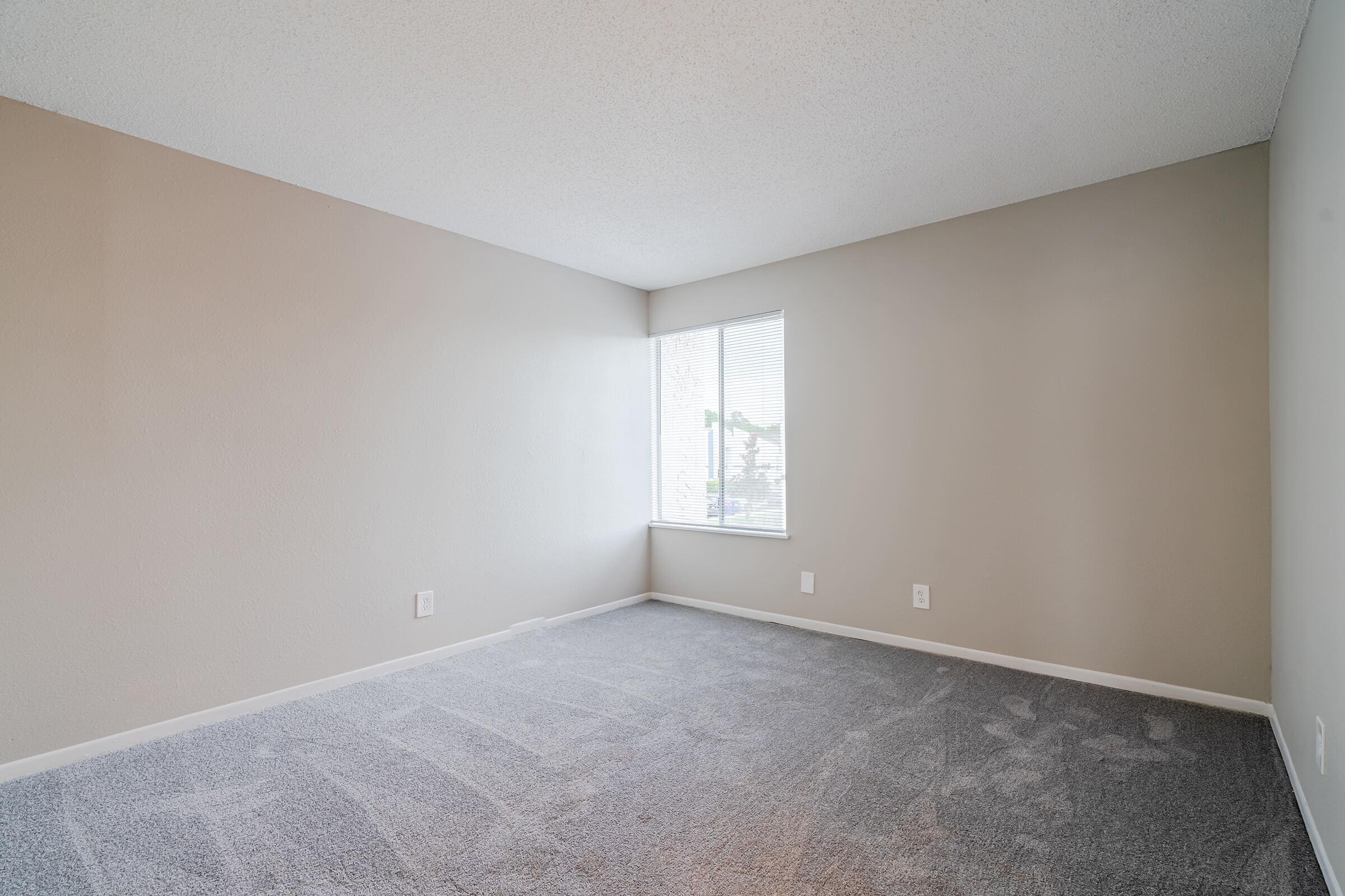 Empty room with light gray carpeting and pale gray walls. A window with blinds lets in natural light. The space appears clean and unoccupied, featuring a minimalist design with no furniture or decorations, providing a sense of openness.