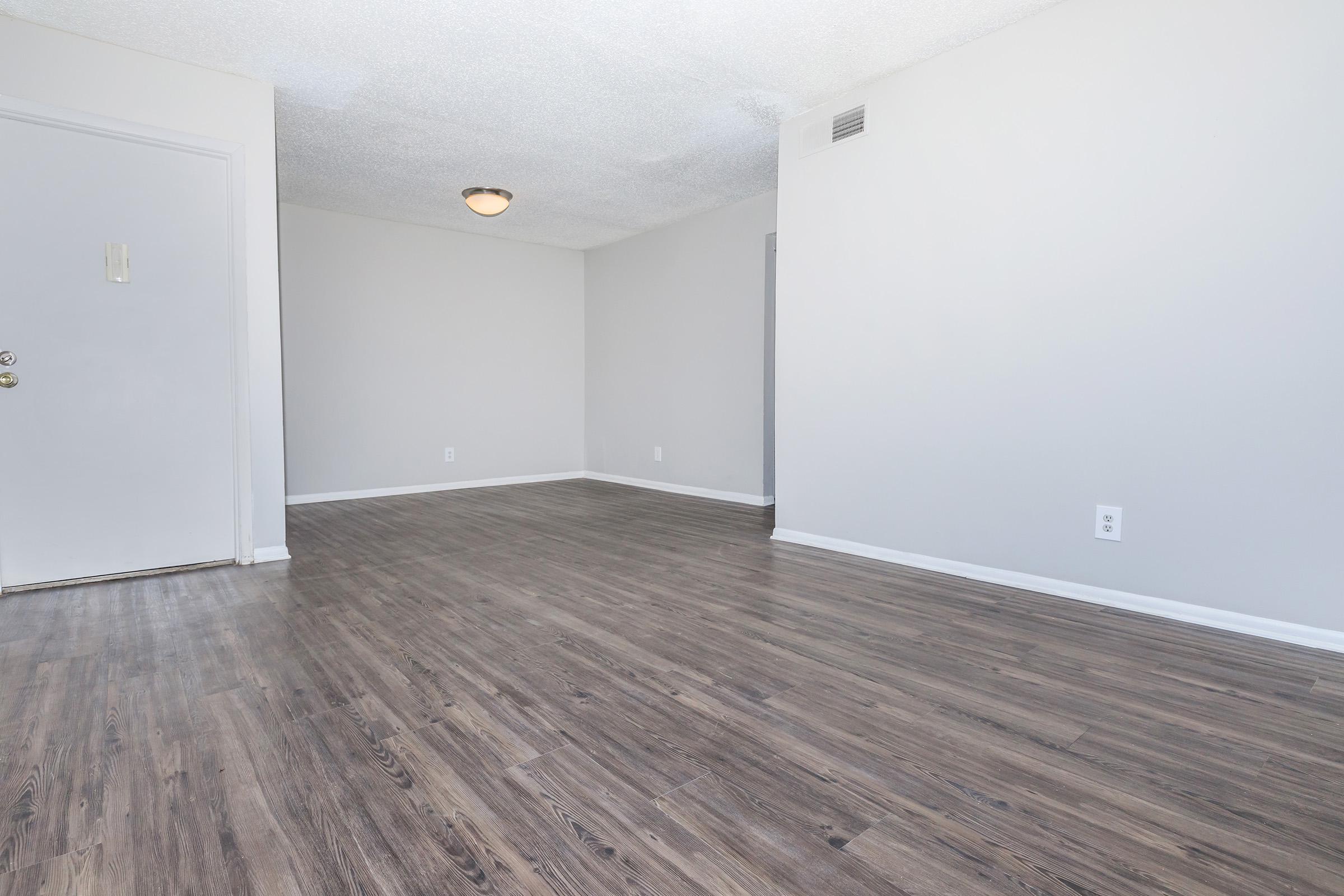 A spacious, empty room with light gray walls and dark wood laminate flooring. The entrance door is visible on the left, and a ceiling light fixture hangs from the ceiling. Natural light fills the space, creating an open and airy atmosphere, ideal for various uses like a living area or office.