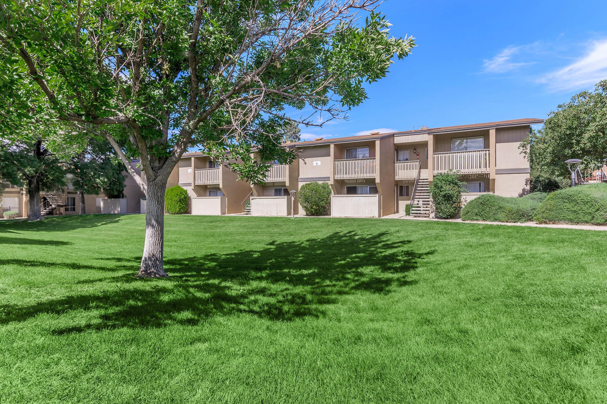A well-maintained lawn with bright green grass, featuring a tree in the foreground. In the background, a two-story residential building with balconies and staircases. Clear blue sky adds to the pleasant outdoor scene.