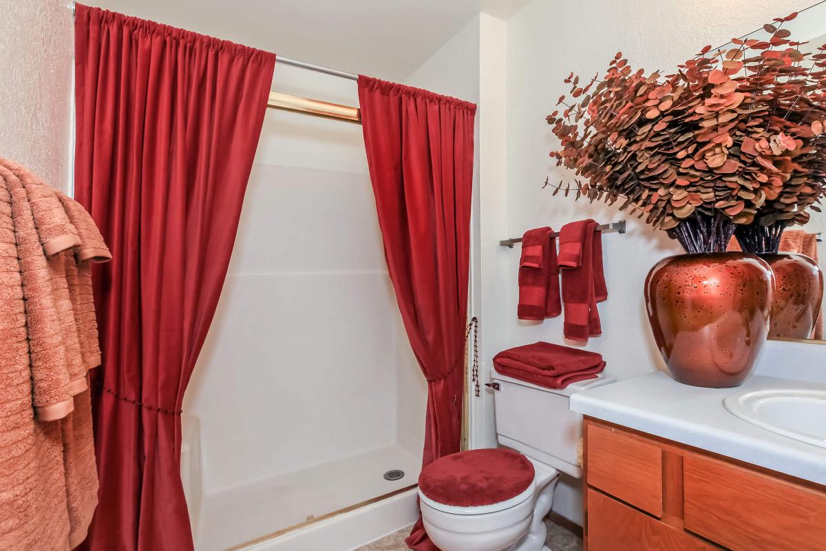 a red and white shower curtain
