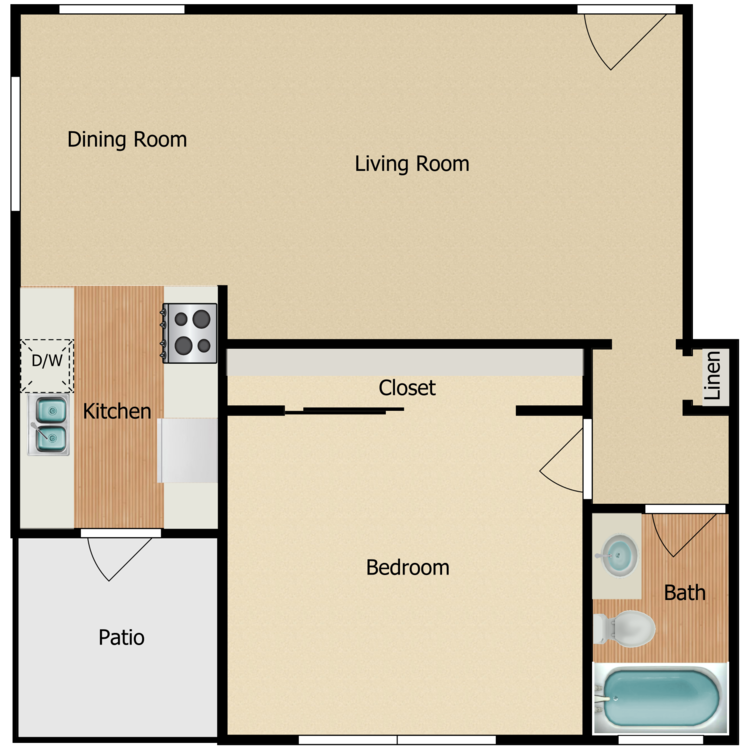 1 Bed 1 Bath, a 1 bedroom 1 bathroom floor plan.
