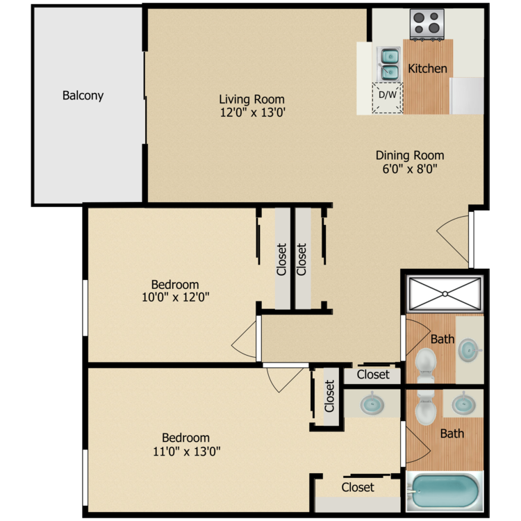 2 Bed 2 Bath, a 2 bedroom 2 bathroom floor plan.