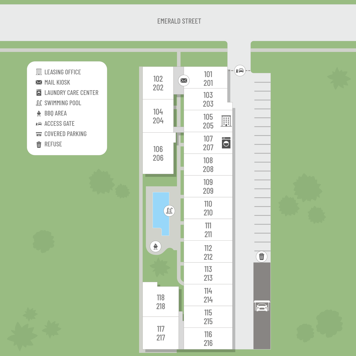 Located on Emerald Street between Hawthorne Blvd and Earl street the community amenities features a clubhouse and pool.