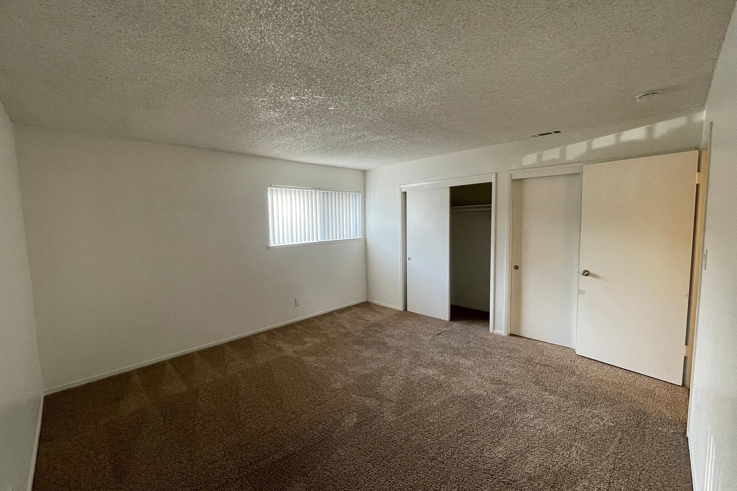 A spacious, empty room with light-colored walls and carpet. It features a window with vertical blinds and two closed doors leading to closets. The ceiling has a textured finish, and there is natural light illuminating the space.