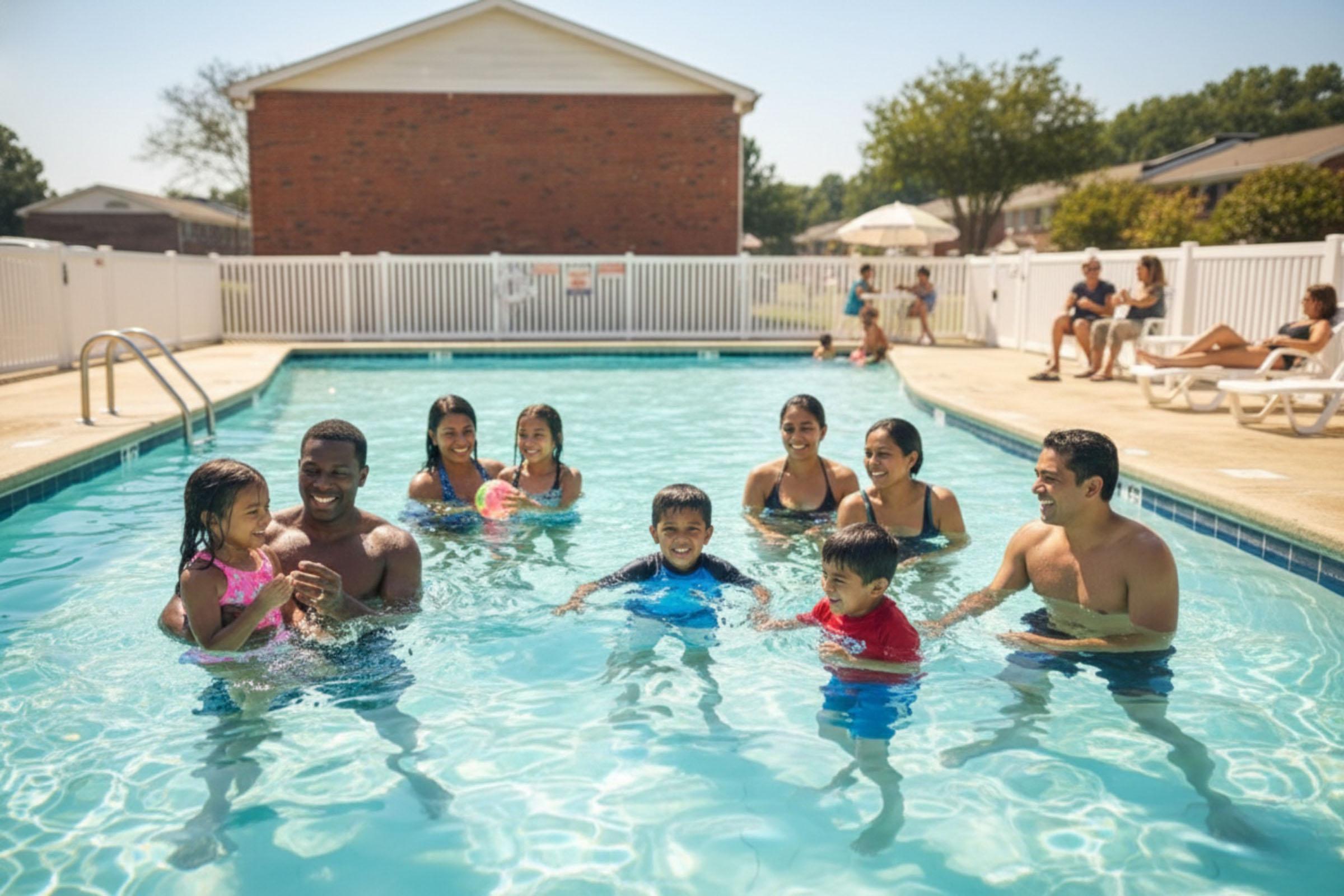 A group of adults and children enjoying a sunny day at a swimming pool. Some are playing in the water, while others are relaxing on lounge chairs nearby. The scene captures a joyful atmosphere with bright sunlight and a clear blue sky. There are colorful beach balls and swimming attire.