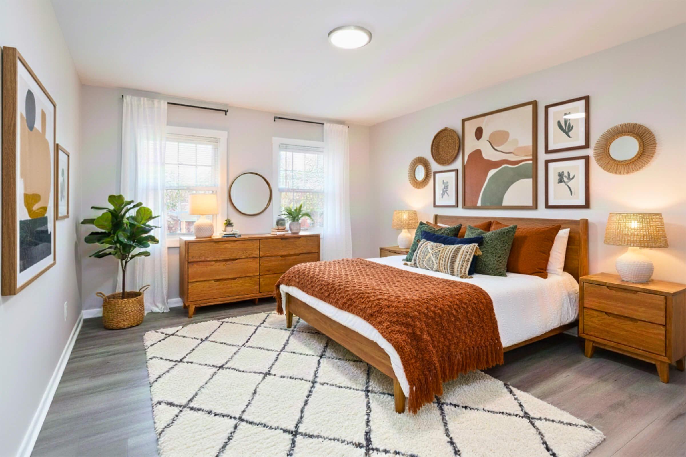 A cozy, modern bedroom featuring a wooden bed with white bedding and orange throw blankets. Two bedside tables with lamps flank the bed, while a textured rug sits on the floor. A plant adds a touch of greenery, and framed artwork decorates the walls, complementing the overall warm and inviting atmosphere.