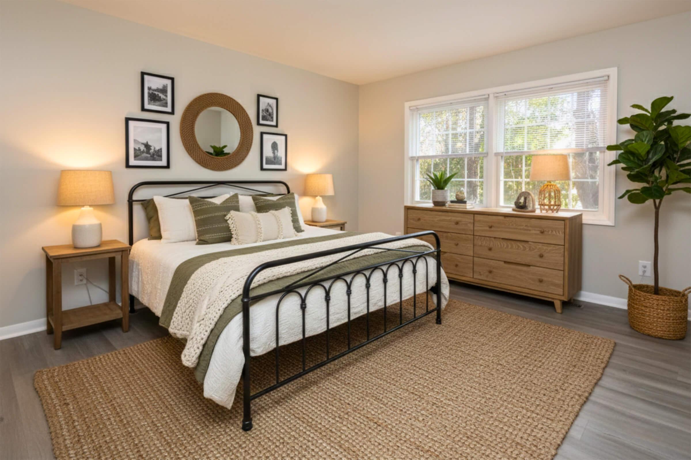 A cozy bedroom featuring a metal bed frame with white and green bedding. There are bedside tables with lamps, a wooden dresser, and a large window allowing natural light. Decorative elements include framed pictures on the wall, a round mirror, and a potted plant. The floor is covered with a woven rug.