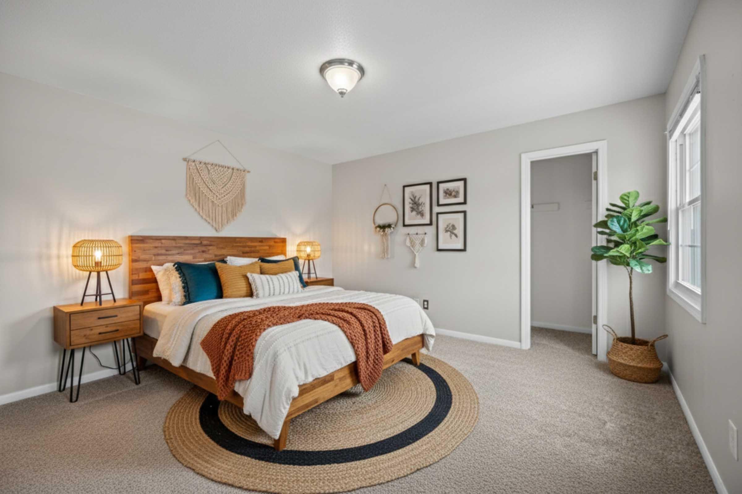 A cozy, modern bedroom featuring a wooden bed frame with a white and beige bedding set. There's a large circular rug on the carpeted floor, along with a wooden nightstand holding a lamp. Decorative wall art and plants enhance the inviting atmosphere, and a door leads to another room.