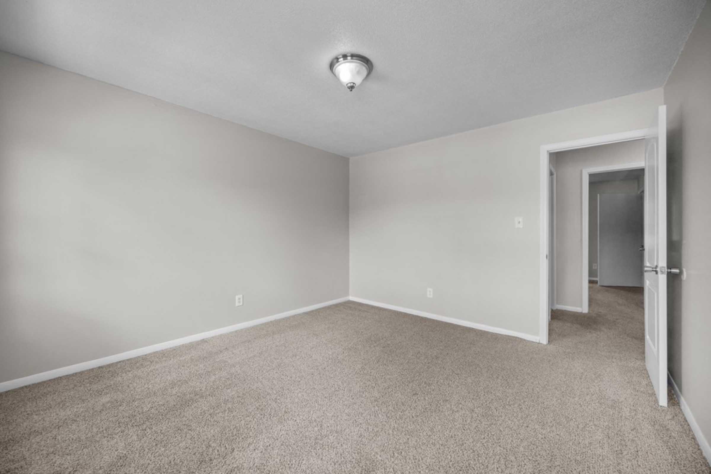 Empty room with light gray walls and tan carpeting. A ceiling light fixture is visible. There is an open door leading to another room, and the overall space appears well-lit and clean, suitable for various uses such as a living room or bedroom.