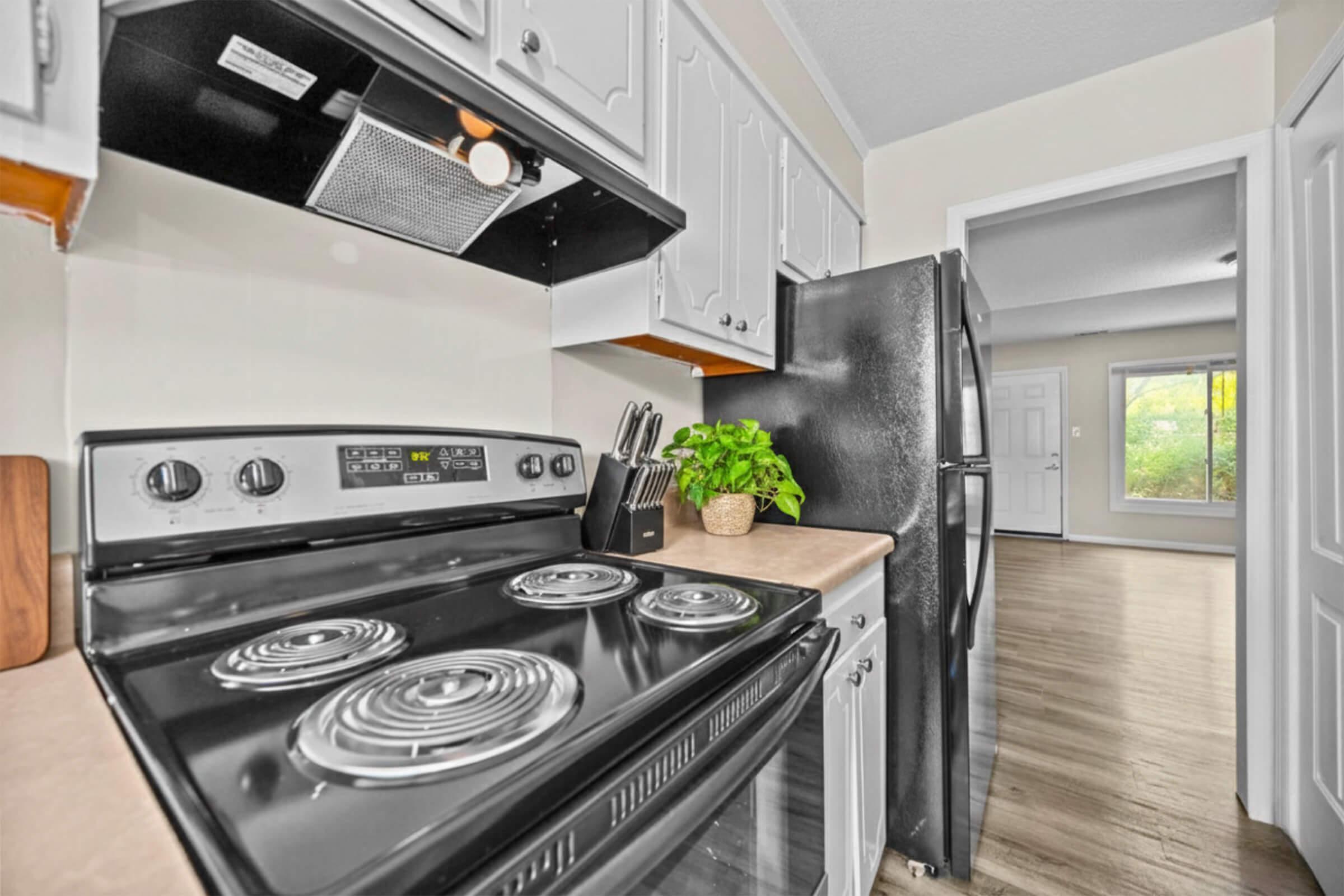 A view of a kitchen featuring a black stove, stainless steel appliances, and white cabinets. A small plant decorates the countertop. In the background, an open living area is visible with a doorway leading outside and natural light coming in through the window.