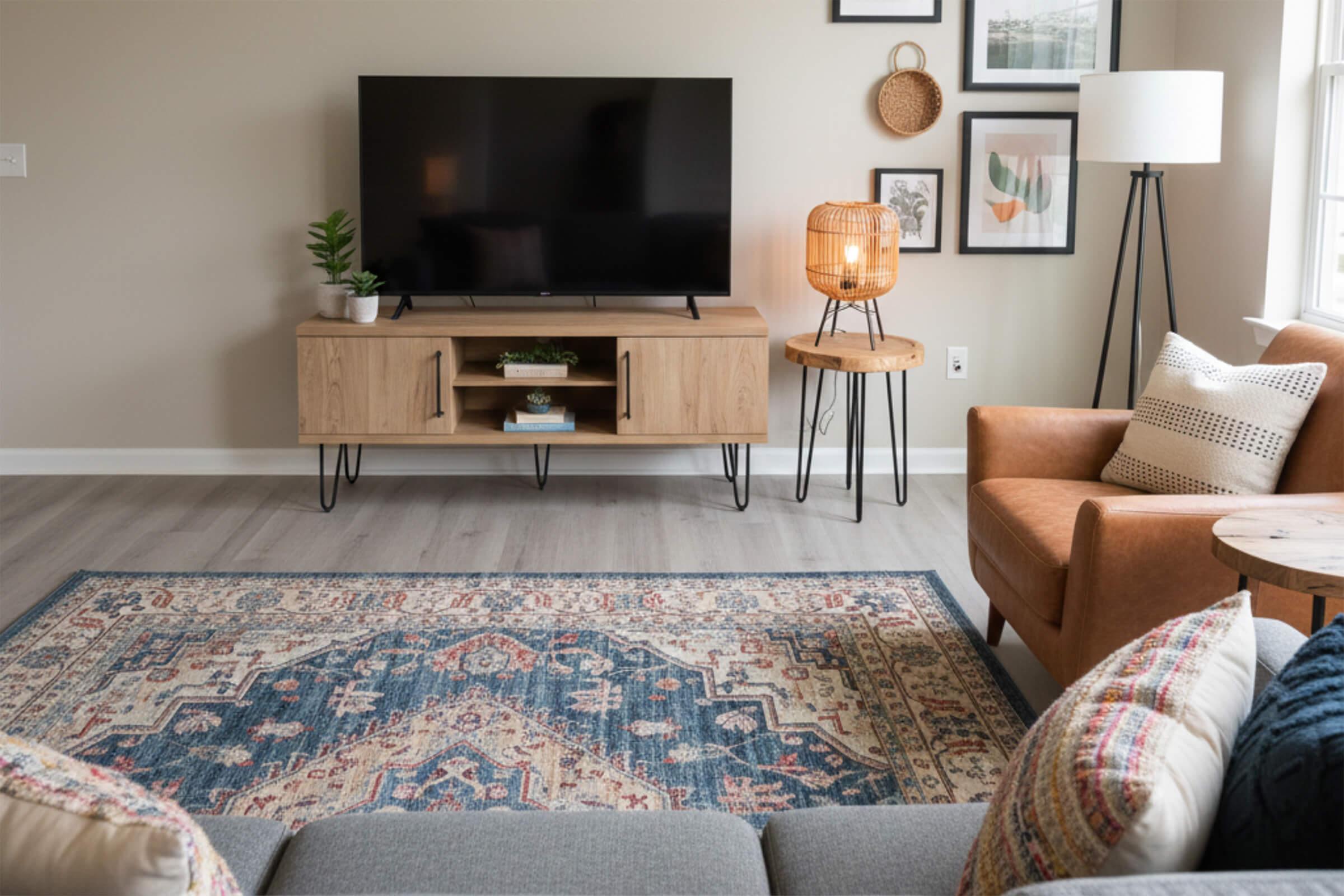 A cozy living room featuring a modern couch with decorative pillows, a wooden TV stand with a large flat-screen TV, a stylish lamp, and a woven table. The floor is adorned with a patterned area rug, and framed artwork decorates the walls, creating a warm and inviting atmosphere.