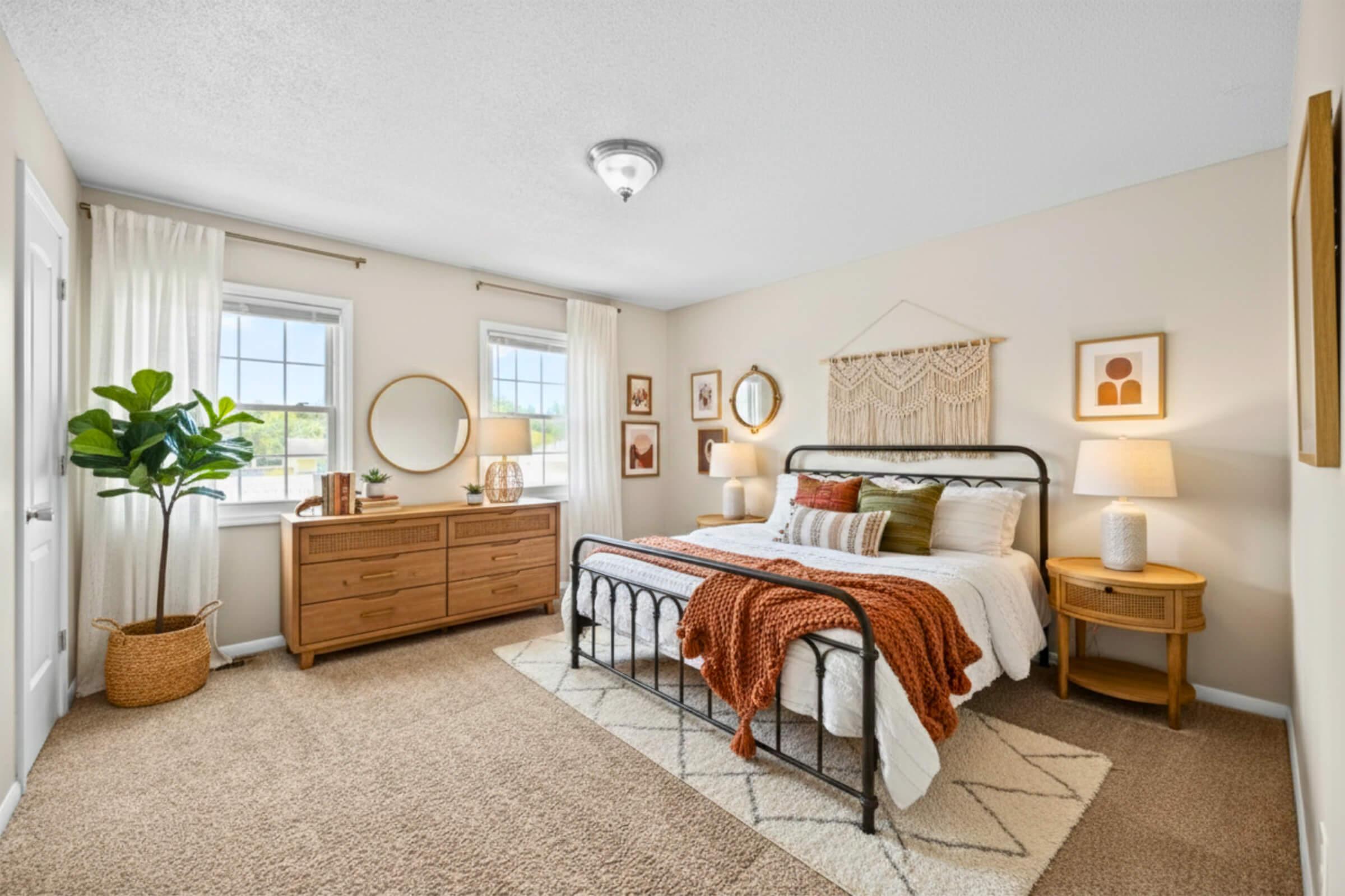 A cozy bedroom featuring a metal bed frame with white linens and an orange blanket, a wooden dresser with decorative items, a round mirror, two lamps, and a potted plant. The walls are painted a light color, and there's a large window allowing natural light to brighten the space.