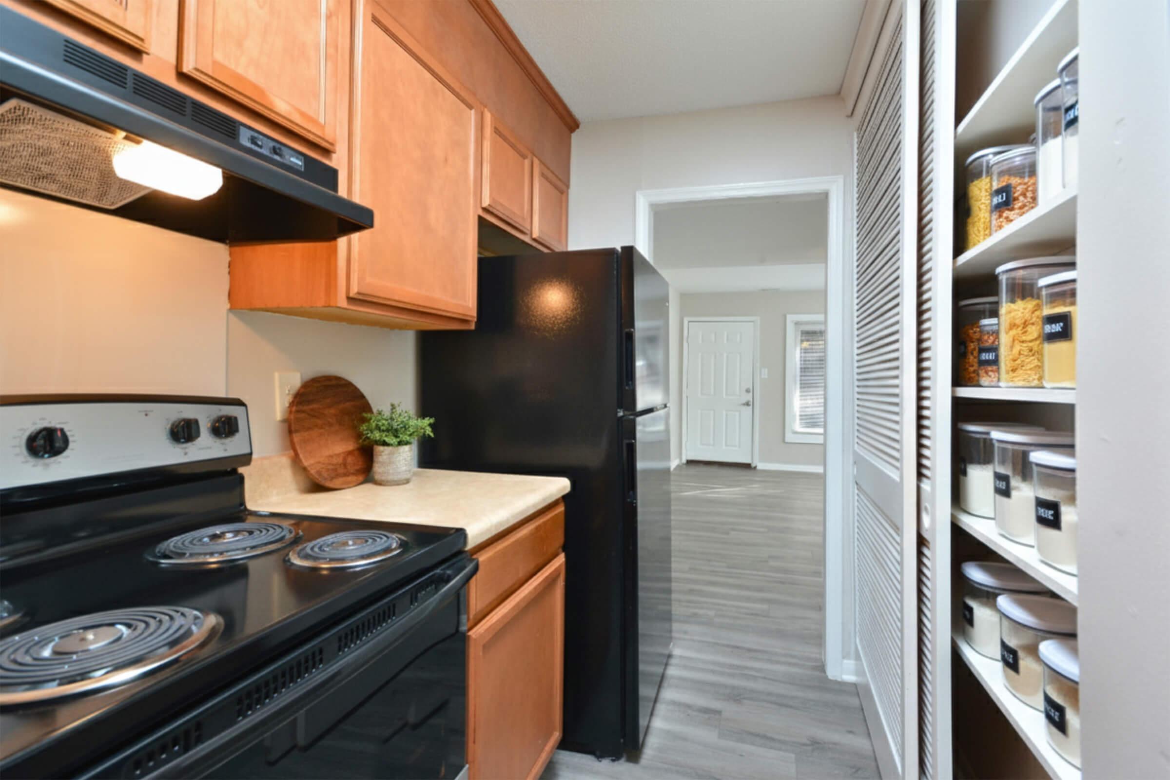A modern kitchen featuring wooden cabinets, a black refrigerator, and a black stove. The countertop is light-colored, with a decorative plant. A pantry shelf with clear containers is visible, filled with various dry goods. The space has an open layout leading to another room.