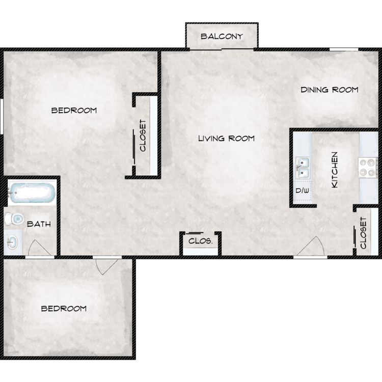 2 Bed 1 Bath floor plan image