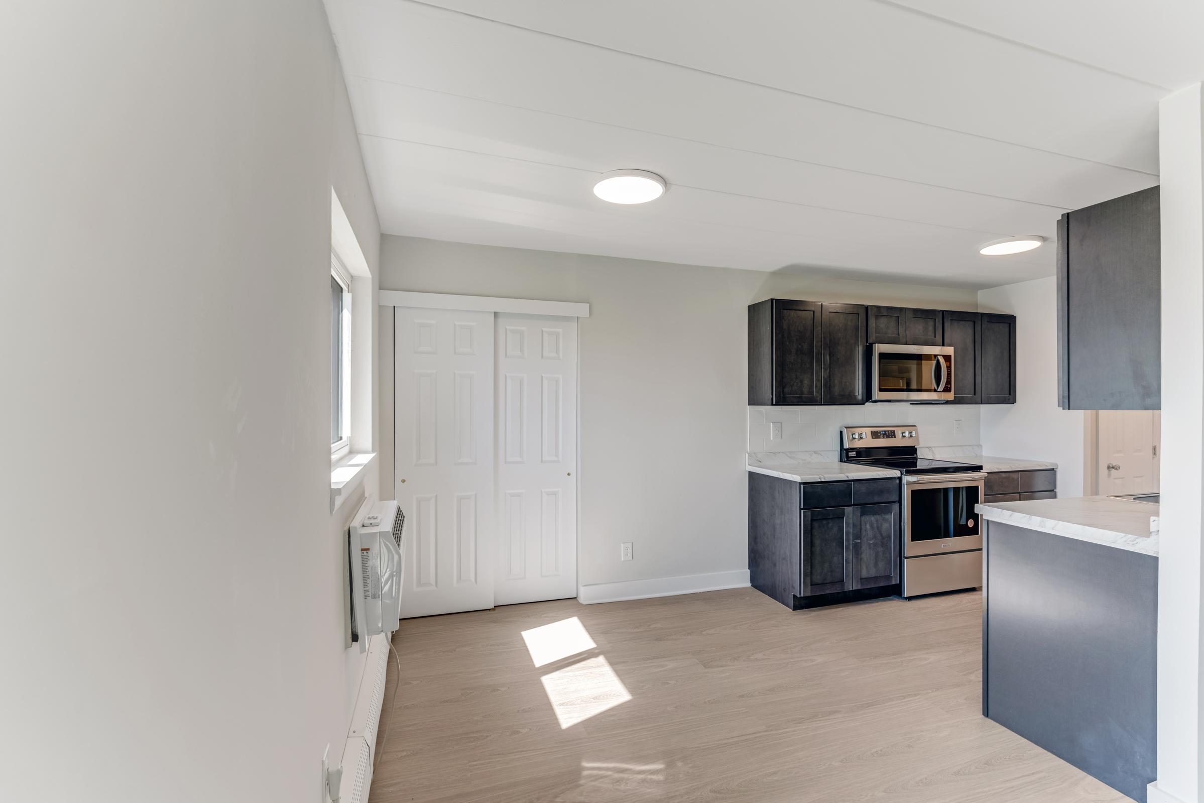 A modern kitchen and living space featuring sleek dark cabinetry, stainless steel appliances, and light-colored walls. There is a white closet door, large windows allowing natural light, and a clean, minimalistic design with hardwood flooring and bright overhead lighting.