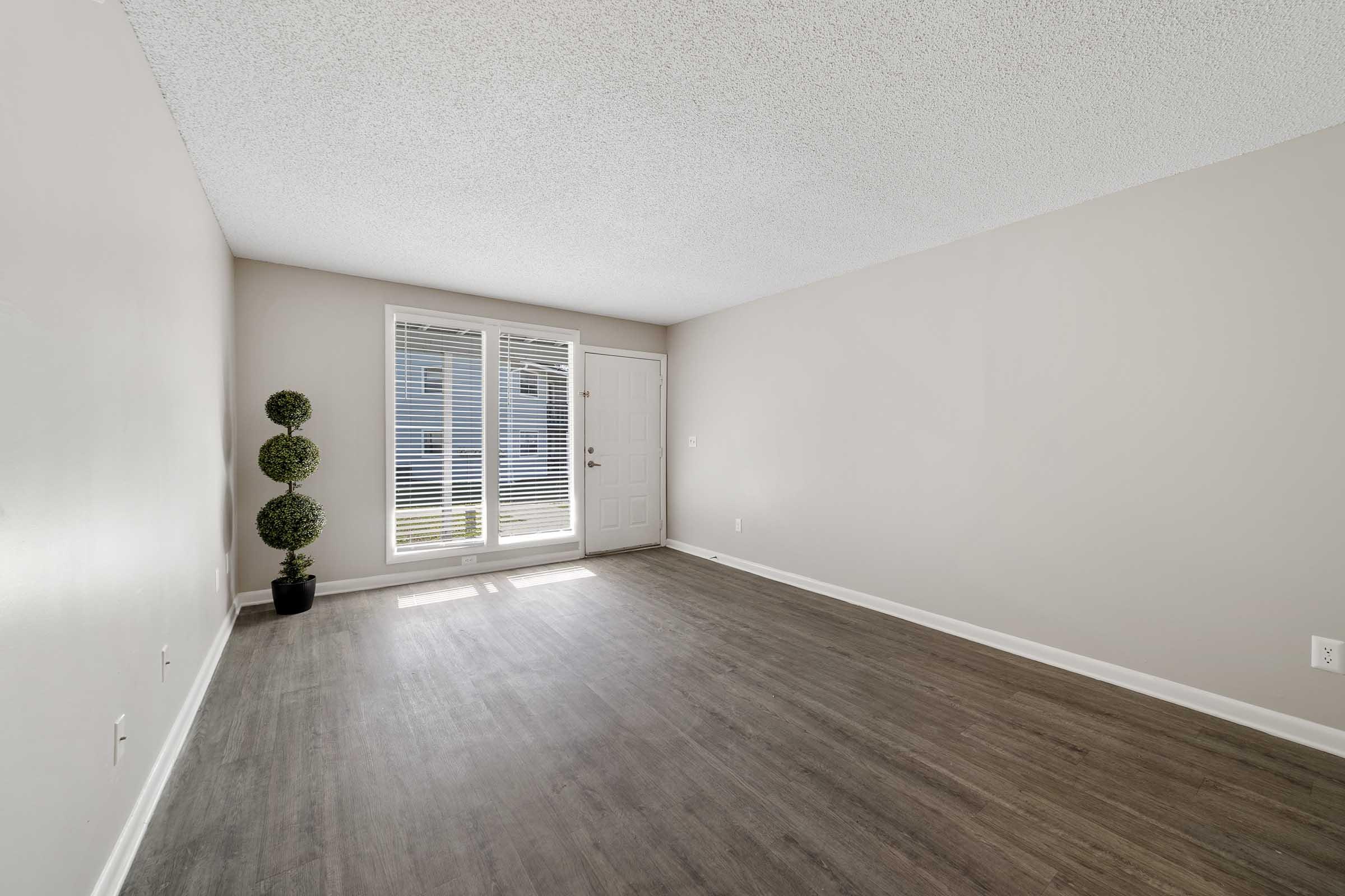 A bright, empty living room with light-colored walls and a textured ceiling. A door leads outside on one side, with large windows covered by blinds. In one corner, there are two decorative potted plants. The floor is a dark wood finish, creating a spacious and inviting atmosphere.