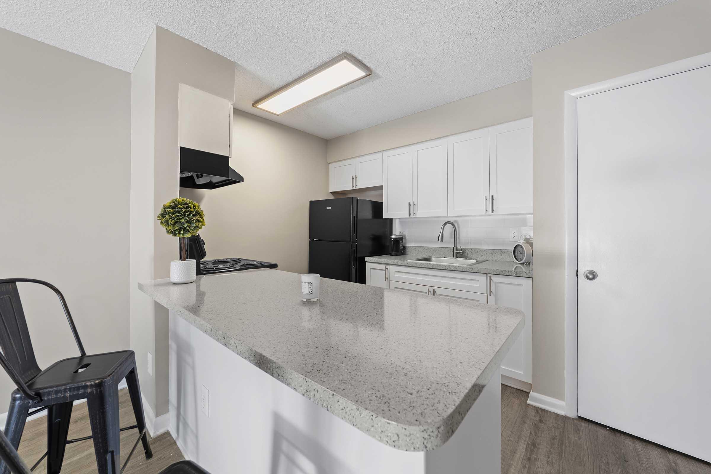 Modern kitchen with white cabinets, a black refrigerator, and a black stovetop. A counter bar with a small white mug sits in front, and a potted plant adds a touch of greenery. The space features light-colored walls and wood flooring, creating a bright and inviting atmosphere.
