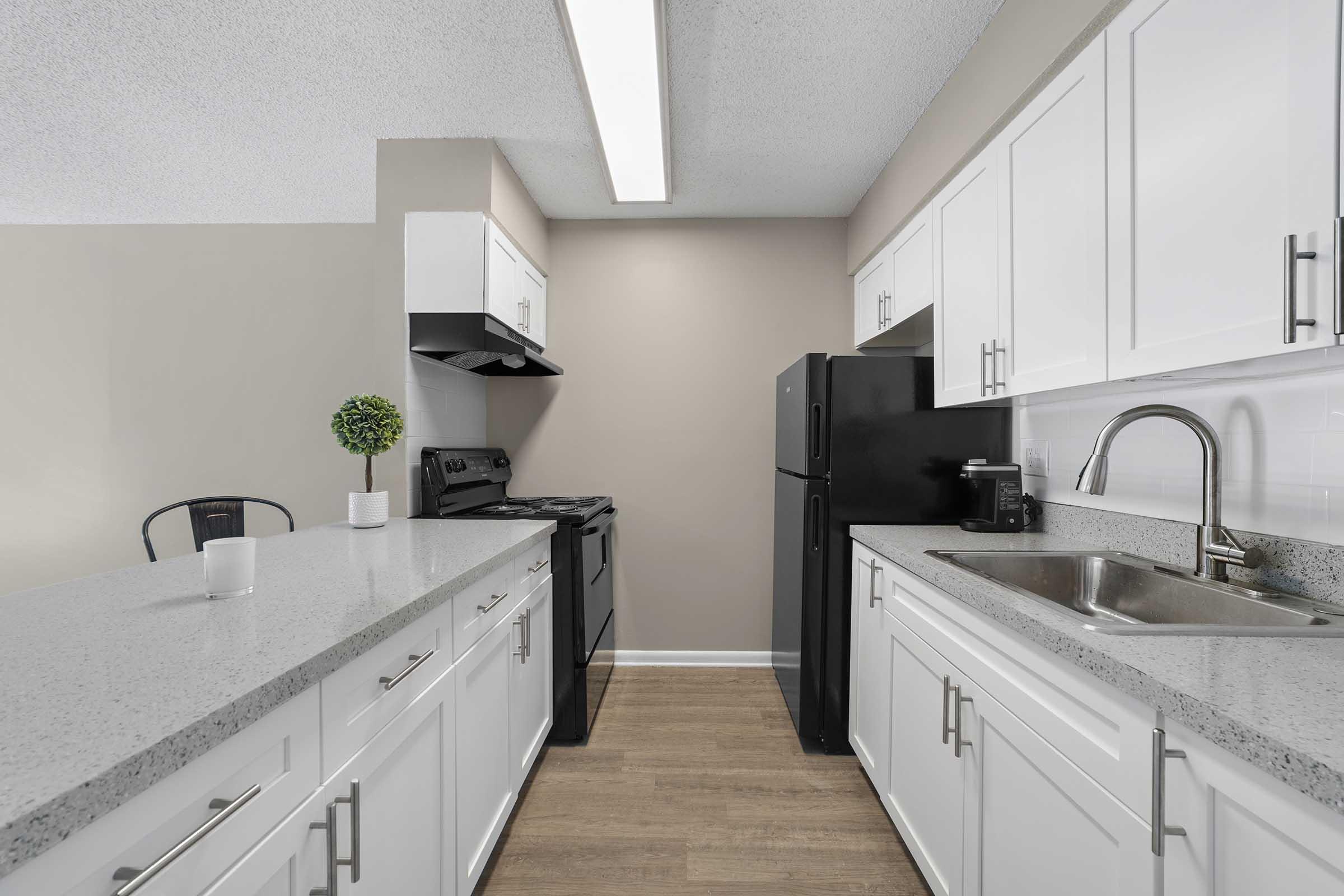 Modern kitchen featuring white cabinets, a gray countertop, and stainless steel appliances. A black refrigerator and stove are visible along with a sink. The walls are painted a soft beige, and there's a small plant on the counter for decor. Bright lighting from the ceiling illuminates the space.