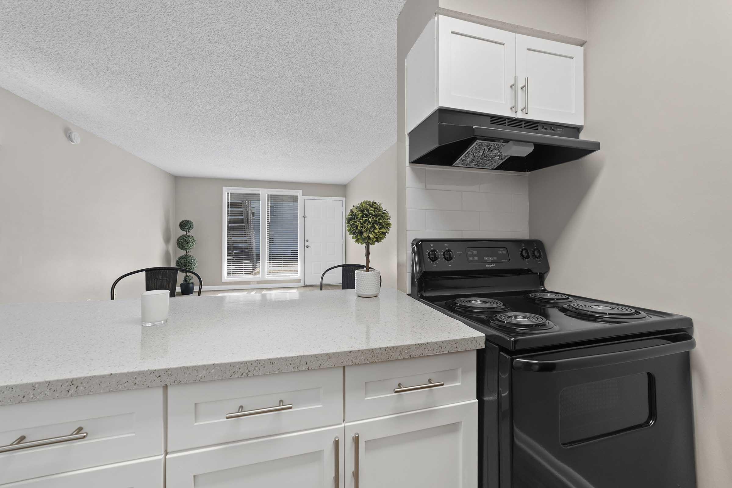 Modern kitchen with white cabinetry and a large island featuring a speckled countertop. A black stove is situated next to the island, with a sleek range hood above. Natural light fills the space from nearby windows, and decorative elements, like a small plant, add touches of greenery.