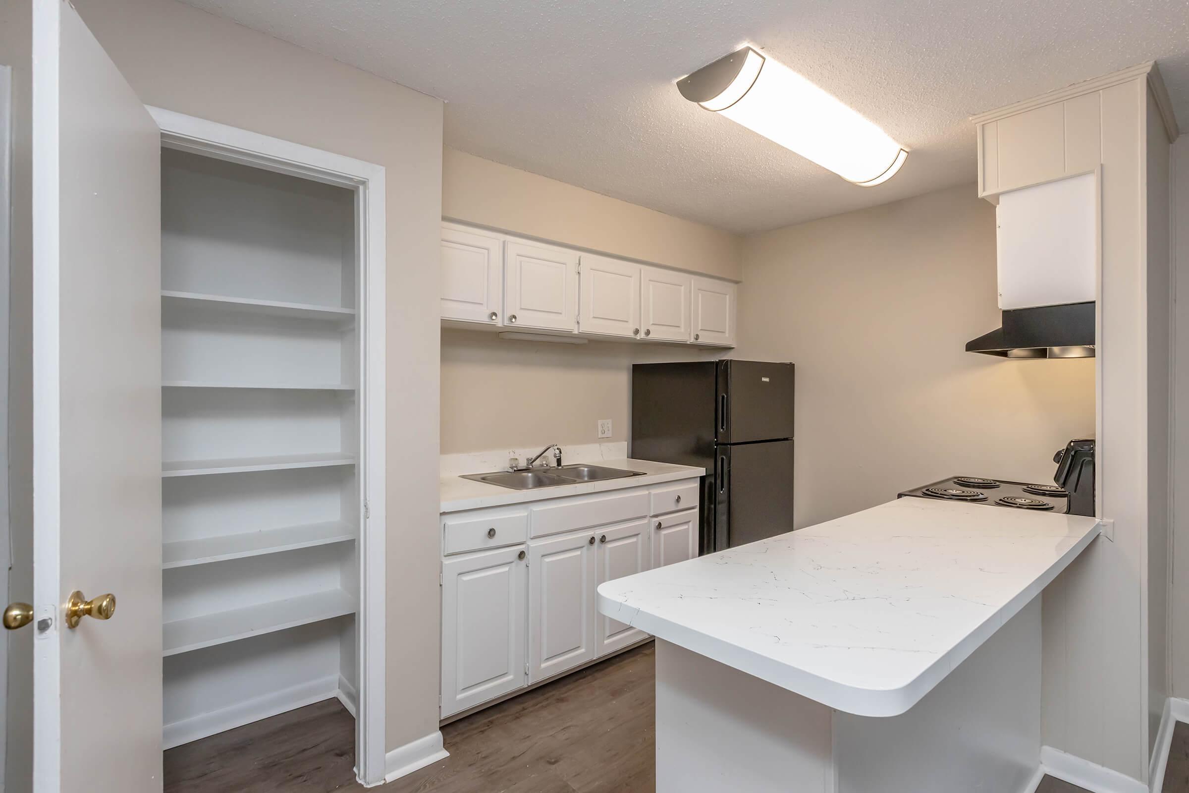 Modern kitchen featuring white cabinetry, a black refrigerator, and stainless steel appliances. A light-colored countertop extends into a bar area. In the background, there is a pantry with open shelves. Natural light illuminates the space from a ceiling fixture. The walls are painted in soft neutral tones.