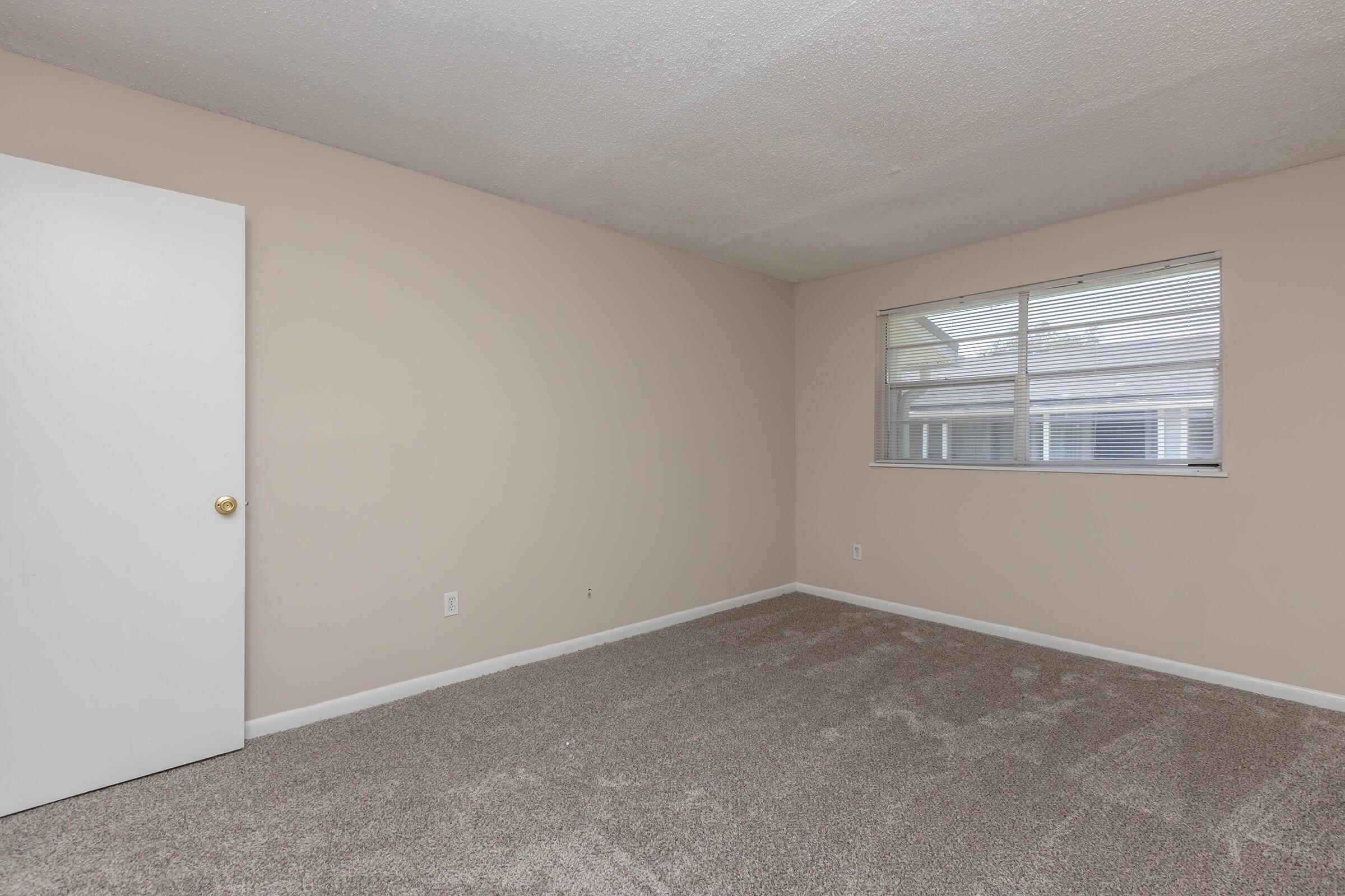 Empty room with light beige walls and carpeted flooring. A white door is visible on the left side of the image, and a window with blinds is located on the right side, allowing natural light into the space. The overall atmosphere is clean and ready for customization.