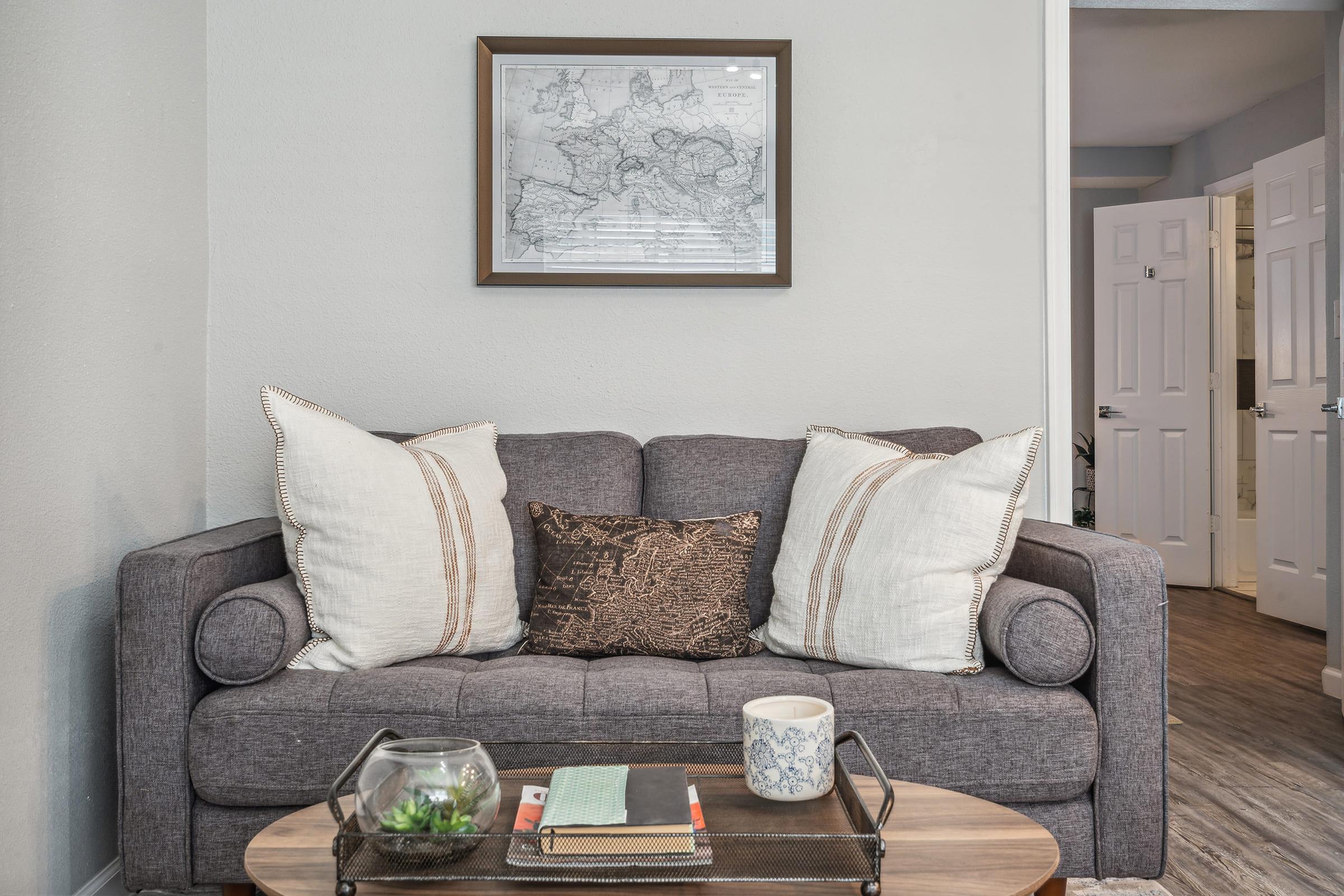 A cozy living room setup featuring a gray sofa with decorative pillows, a wooden coffee table holding a plant and a cup, and a framed map on the wall. The background shows an open door leading to another room, adding a welcoming feel to the space.