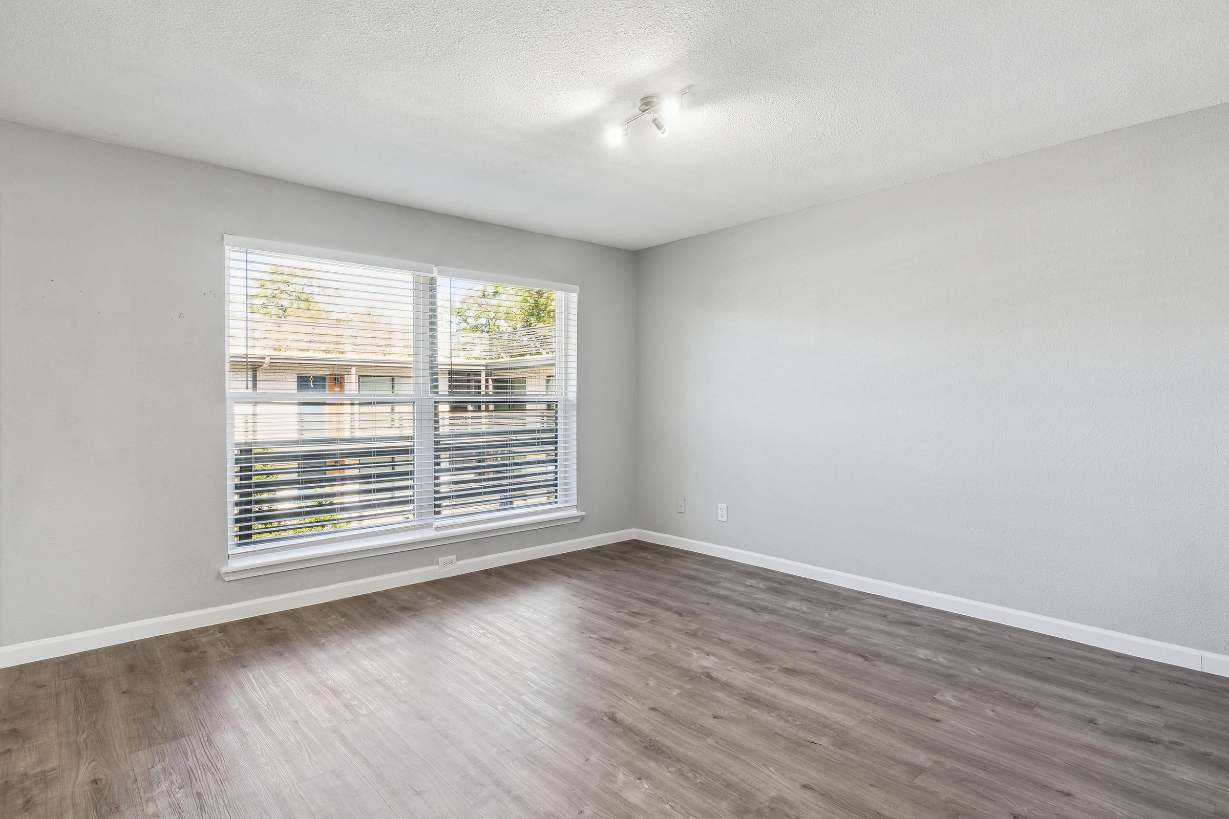 Empty room with light gray walls and a large window featuring white blinds. The floor is made of light wood laminate. There is overhead lighting, and the overall space appears bright and airy. No furniture is present, emphasizing the room's spaciousness.