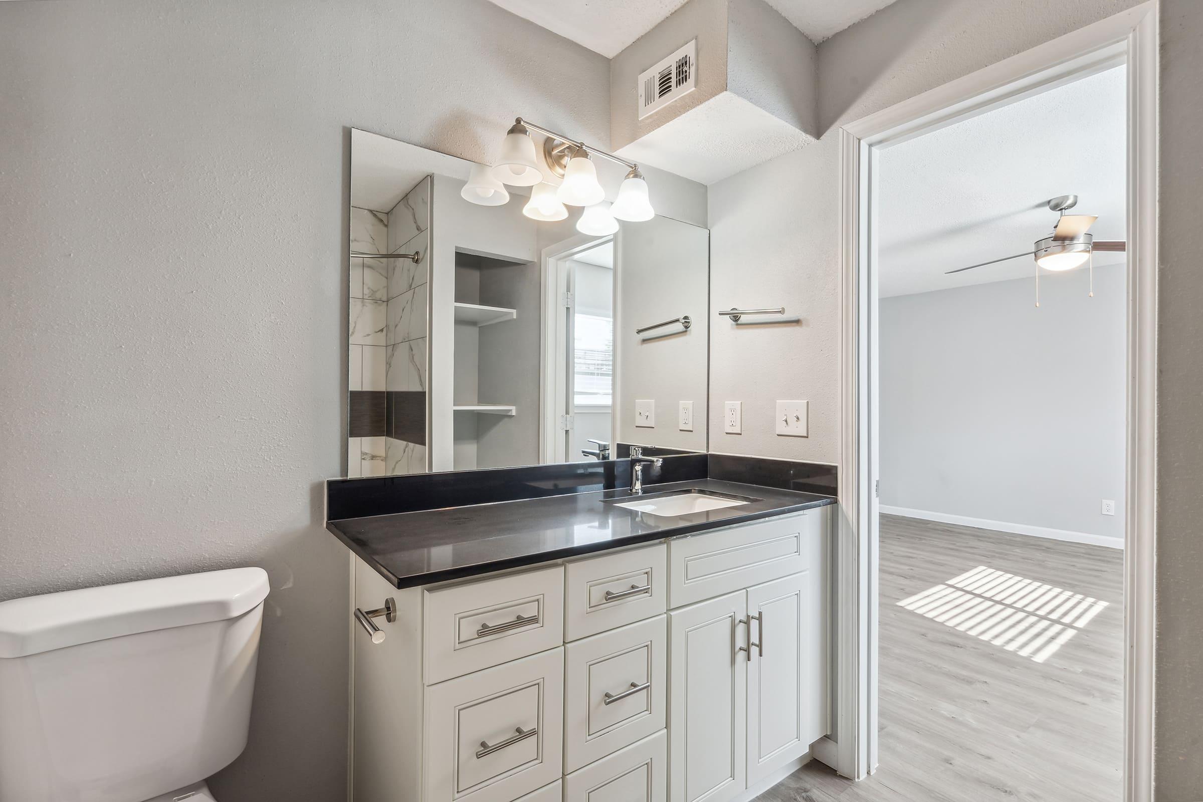 Modern bathroom with a sleek vanity featuring a black countertop and white cabinetry. A large mirror is above the sink, with stylish light fixtures. A toilet is in the corner, and a door leads to a separate room with a ceiling fan. The walls are painted in soft gray hues, enhancing the contemporary look.