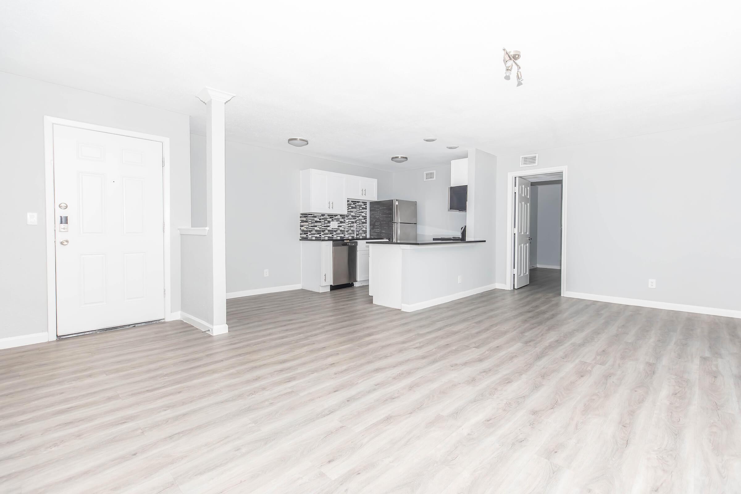 Bright and spacious interior of a modern apartment featuring light gray walls, a large living area with laminate flooring, and a partially open kitchen with stainless steel appliances and a tiled backsplash. The entrance is visible on the left, and natural light fills the room.