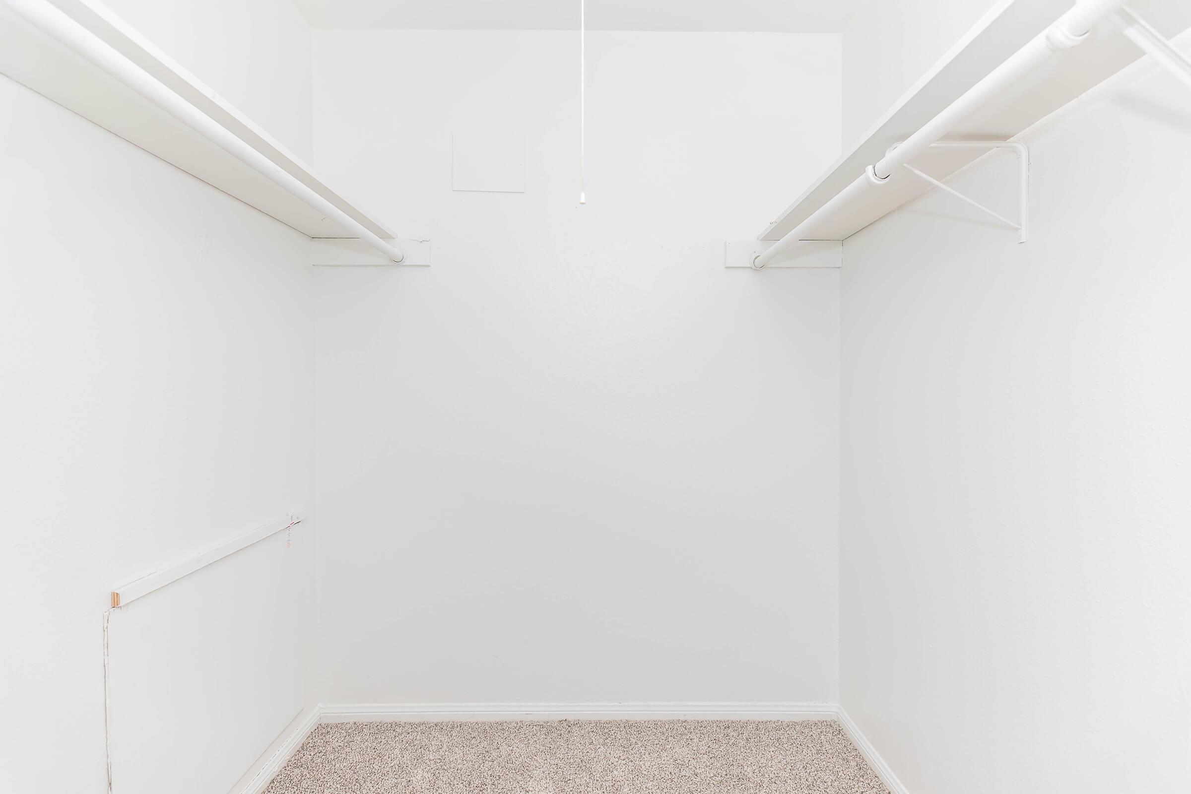 Empty walk-in closet featuring white walls and a beige carpet floor. Two white hanging rods are mounted on opposite walls, providing storage potential. The space is well-lit with a ceiling light fixture. Overall, the room conveys a clean and minimalist look.