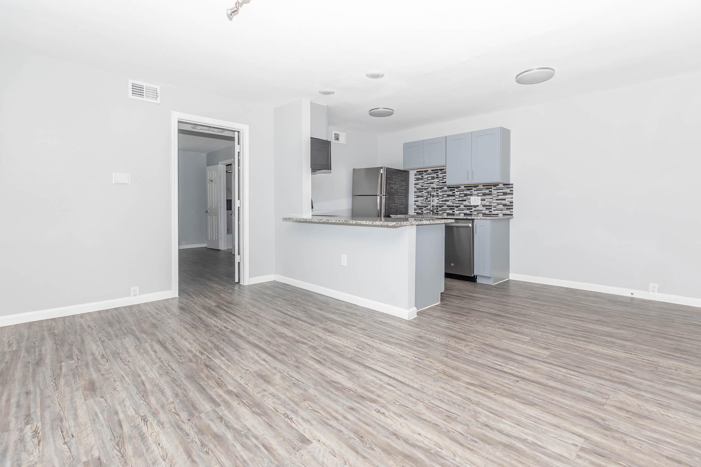 A modern kitchen and living area featuring light gray walls and a wood-like floor. The kitchen includes stainless steel appliances, a granite countertop, and a stylish backsplash. An entrance to another room is visible on the left, and the space is bright with overhead lighting.