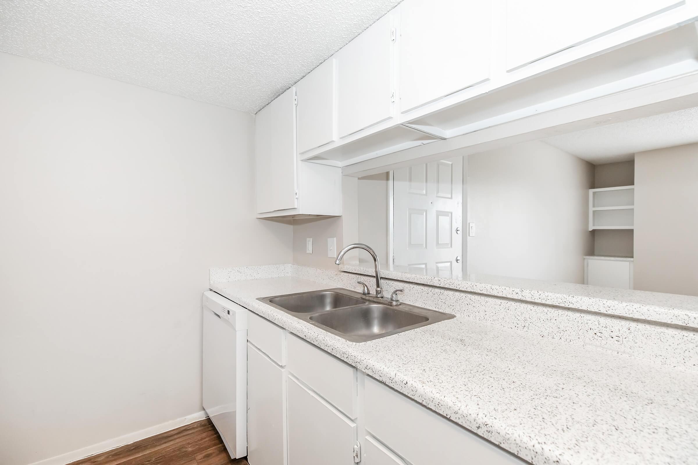 Modern kitchen featuring a double sink and countertop, white cabinetry, and a dishwasher. The walls are a light neutral color, with a mirror reflecting the space. Cabinets above the sink provide storage, and there's a glimpse of an open area in the background.