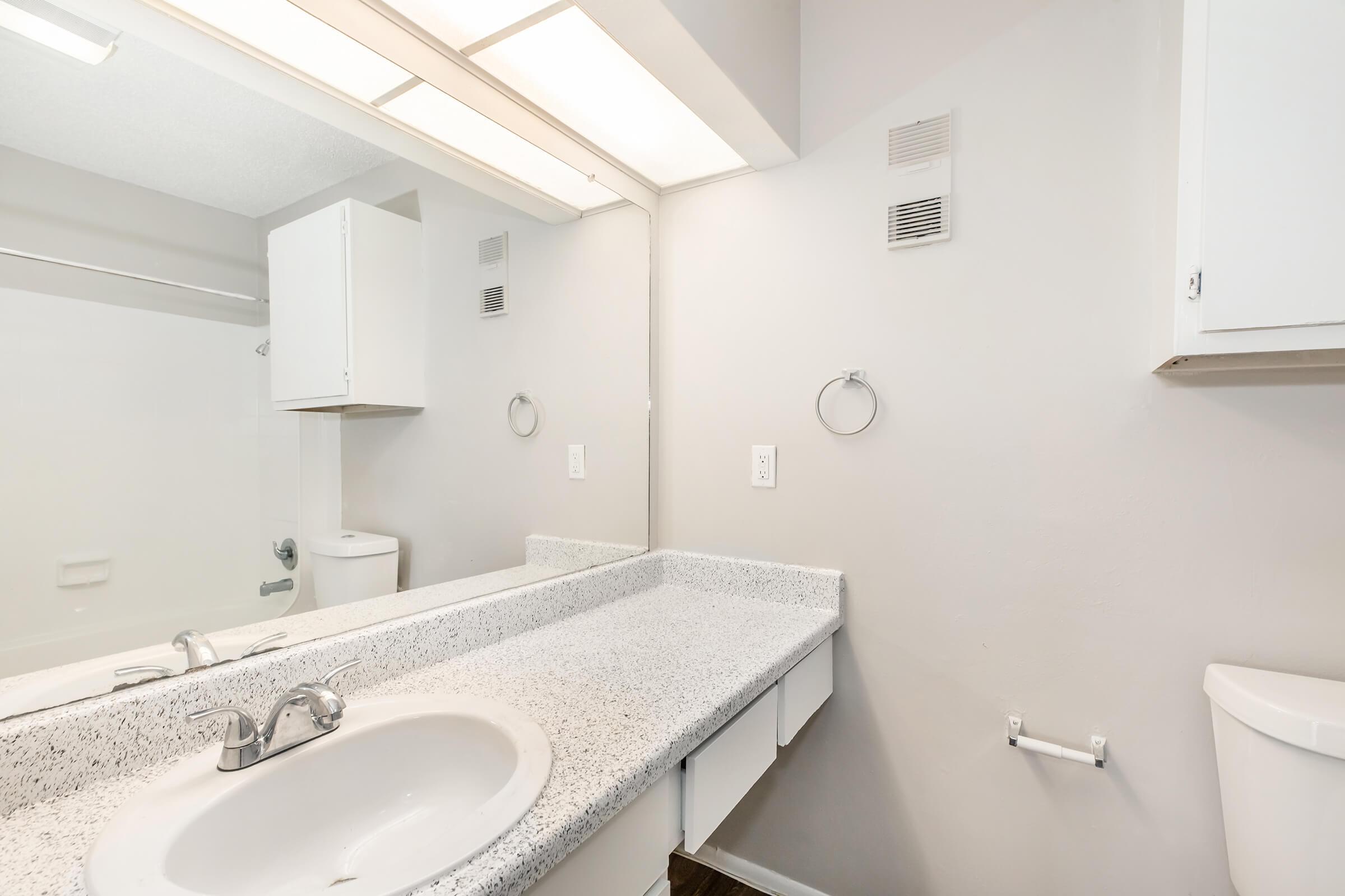 A clean bathroom featuring a granite countertop with a single sink, a large mirror above, light fixtures, and a towel ring. White walls and a light-colored floor enhance the brightness. A toilet is visible in the background, with a cabinet and a tissue holder along the wall.