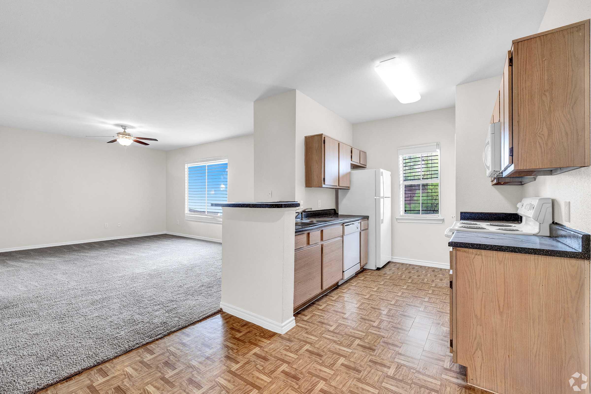 Spacious open-concept living area featuring a kitchen with wooden cabinets, a refrigerator, and a gas stove. The living space has a ceiling fan and large windows, filling the room with natural light. Carpeted flooring extends into the living area, creating a cozy atmosphere.