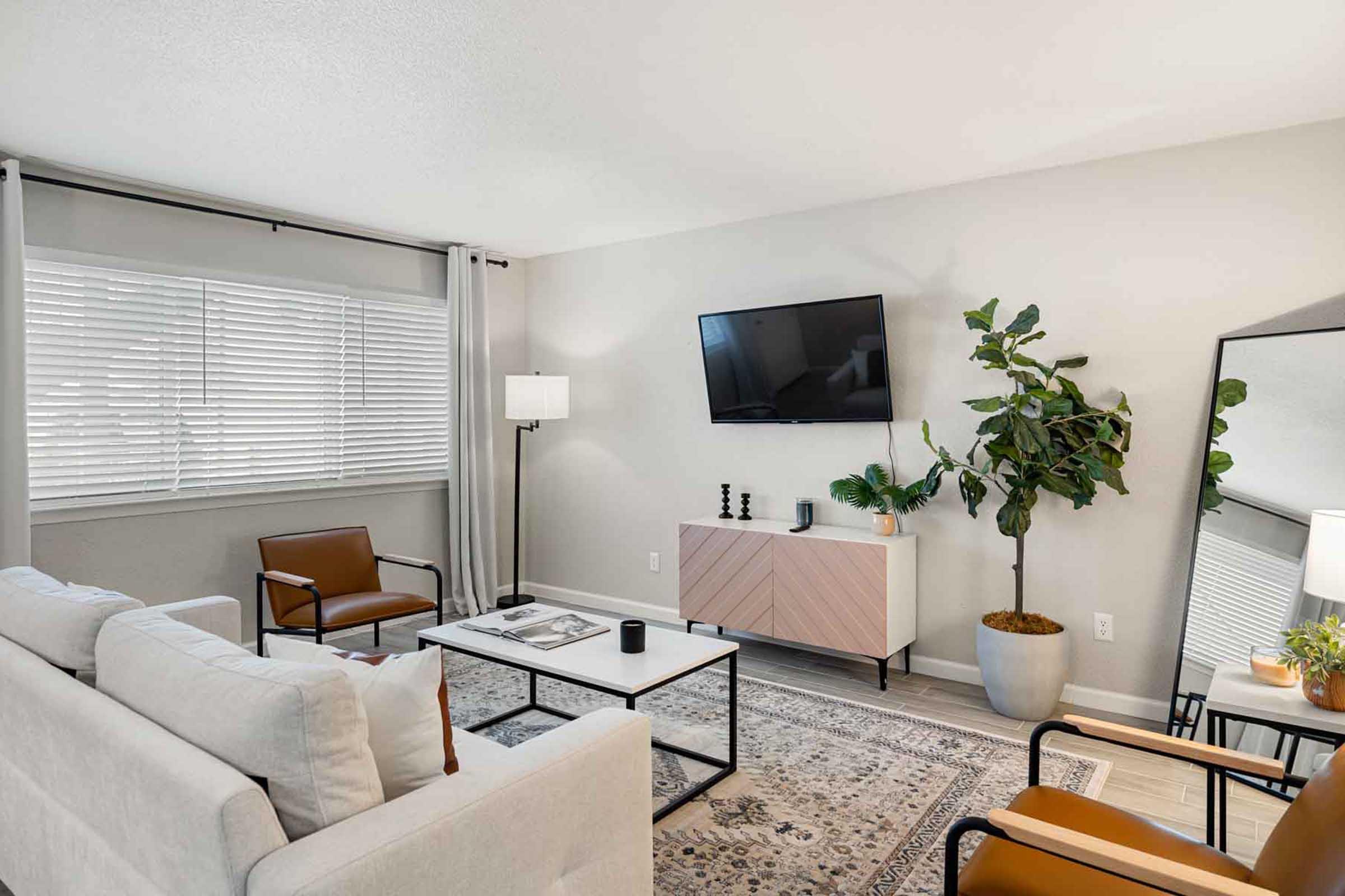 A cozy living room featuring a light-colored sofa, an armchair, and a coffee table. A large window with blinds allows natural light in, and a flat-screen TV is mounted on the wall. There’s a tall plant in a pot and a full-length mirror in the corner, adding a stylish touch to the space.