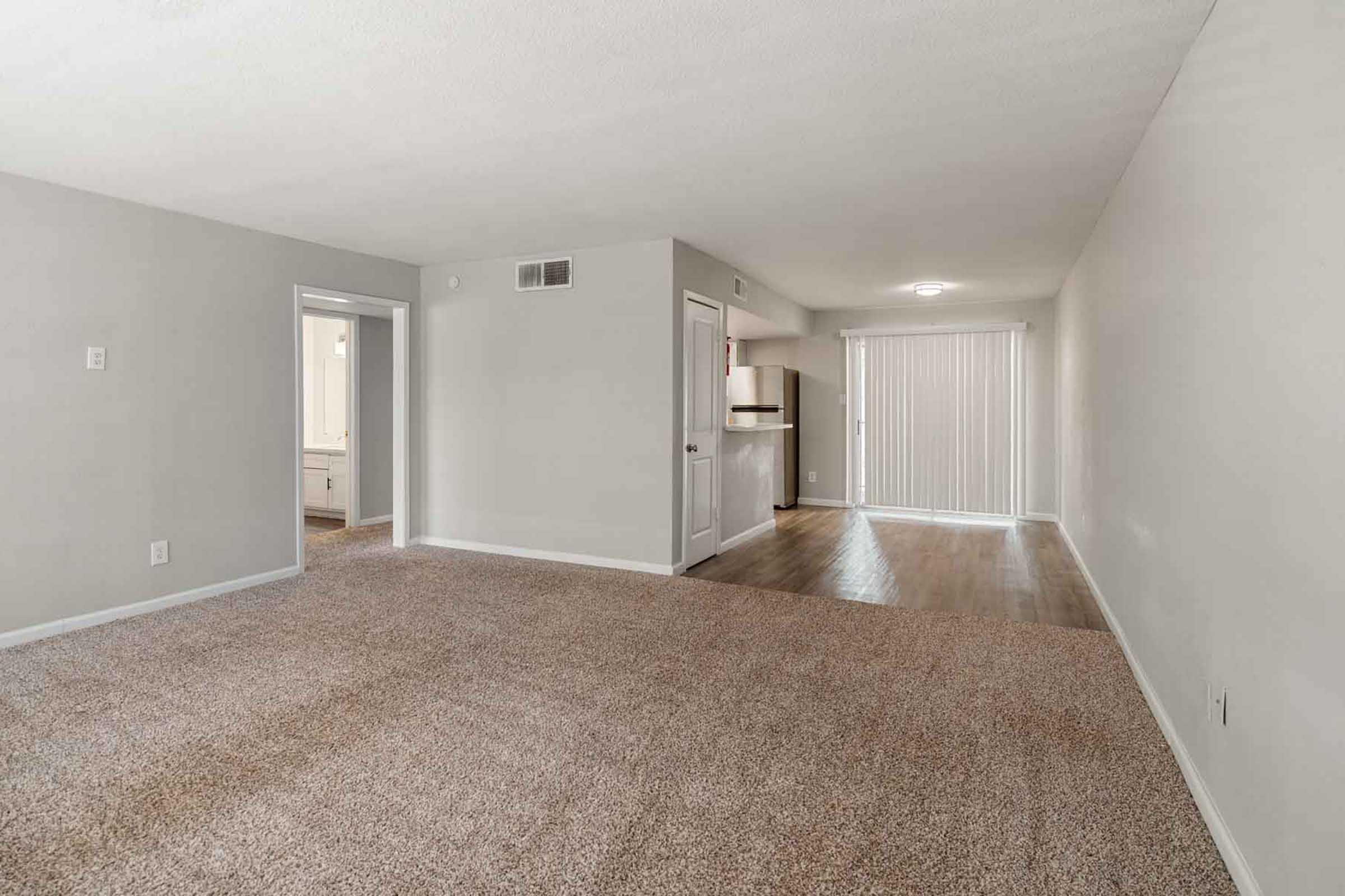 Spacious interior of an apartment featuring freshly carpeted floors, light gray walls, a doorway leading to another room, and an open area with a kitchen. Natural light pours in through a sliding door with vertical blinds, creating a bright and inviting atmosphere.