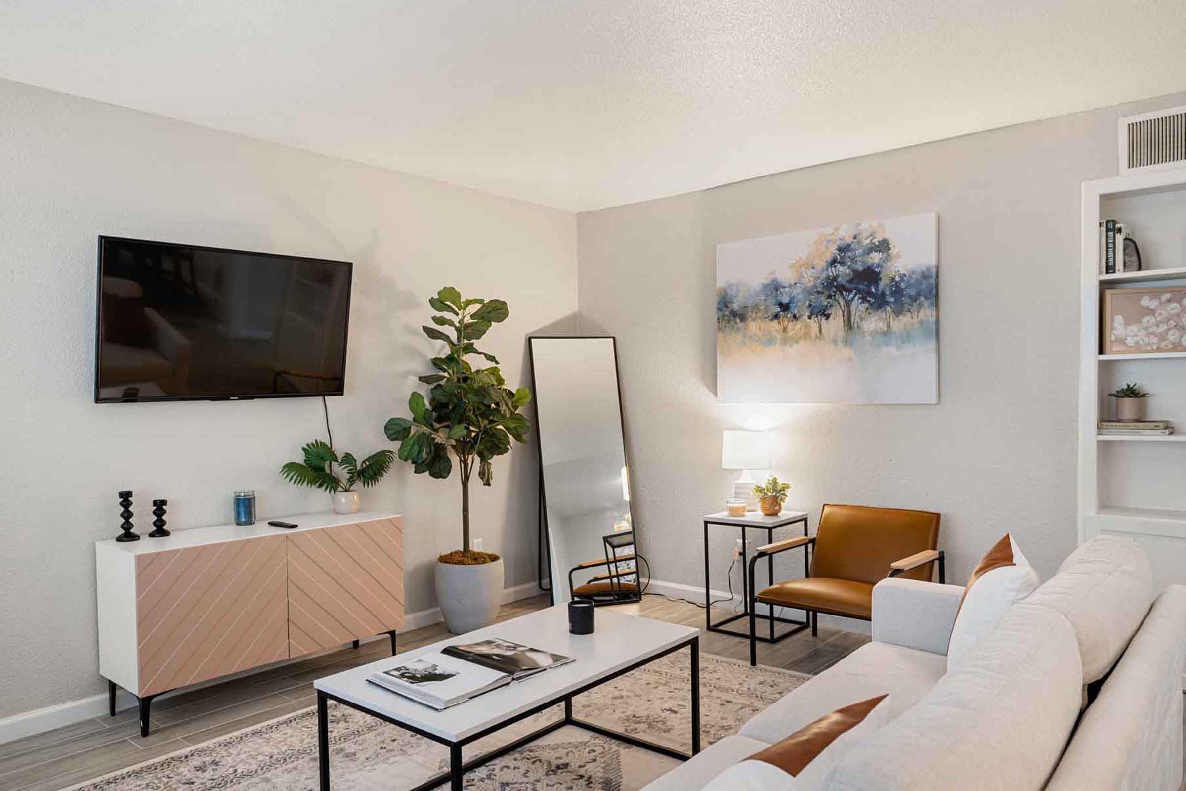 A cozy living room featuring a light-colored sofa, a coffee table, and a decorative rug. There's a large flat-screen TV mounted on the wall, a floor mirror, and a potted plant for greenery. A side chair and lamp add to the inviting atmosphere, complemented by a wall art piece above the couch.